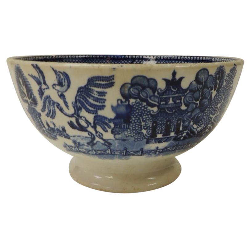 Antique Small Societe Ceramique Blue and White Willow Footed Bowl