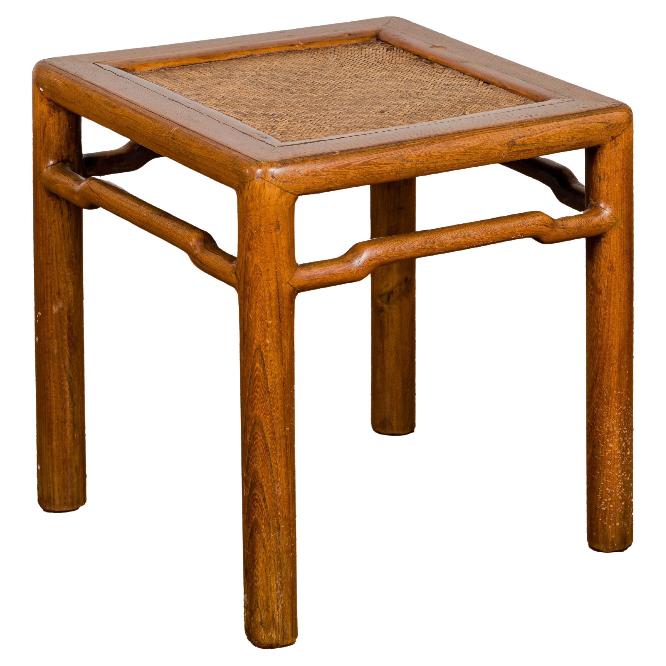 Antique Small Square Side Table with Rattan Insert and Humpback Stretcher For Sale 12