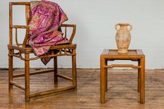 Antique Small Square Side Table with Rattan Insert and Humpback Stretcher