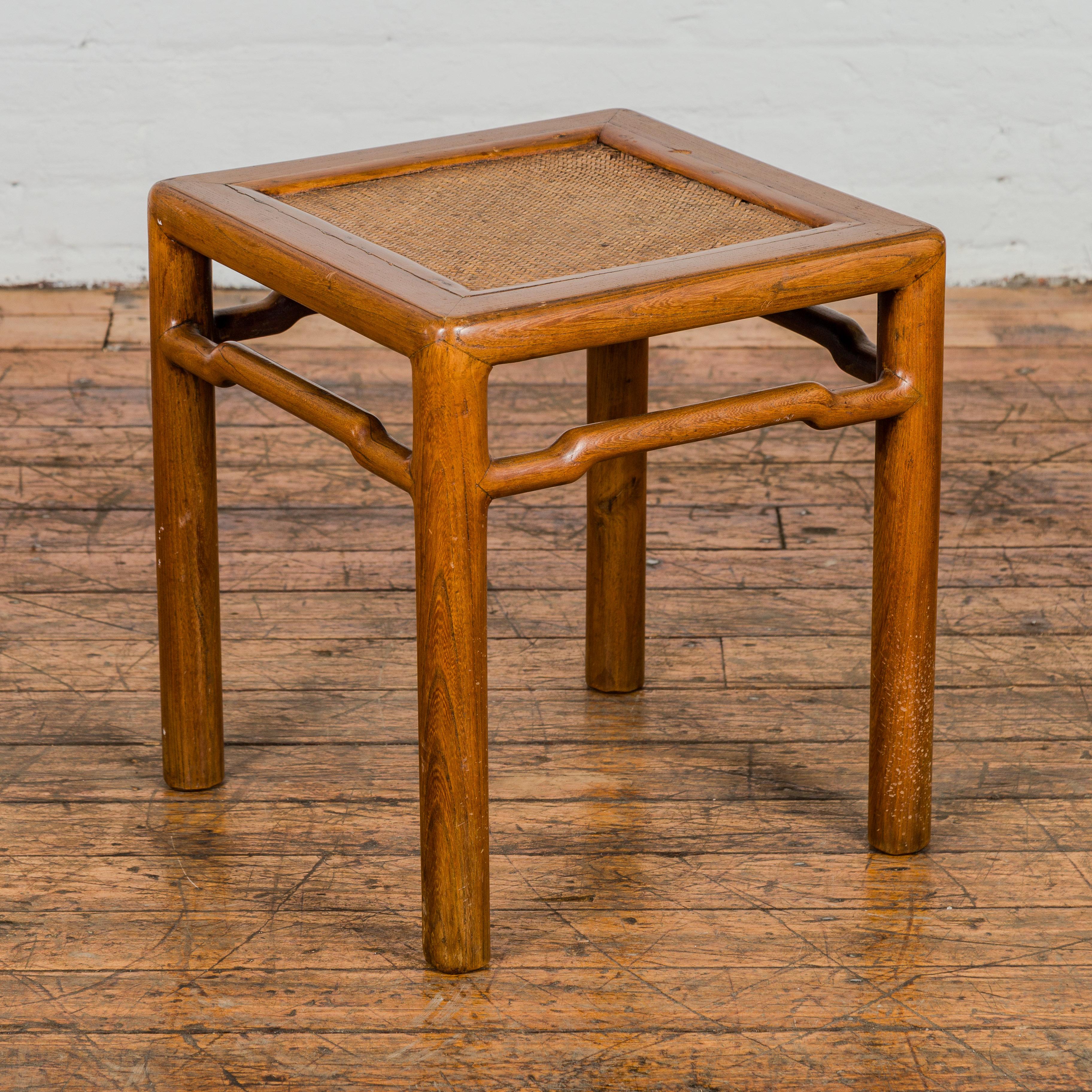 Qing Antique Small Square Side Table with Rattan Insert and Humpback Stretcher For Sale