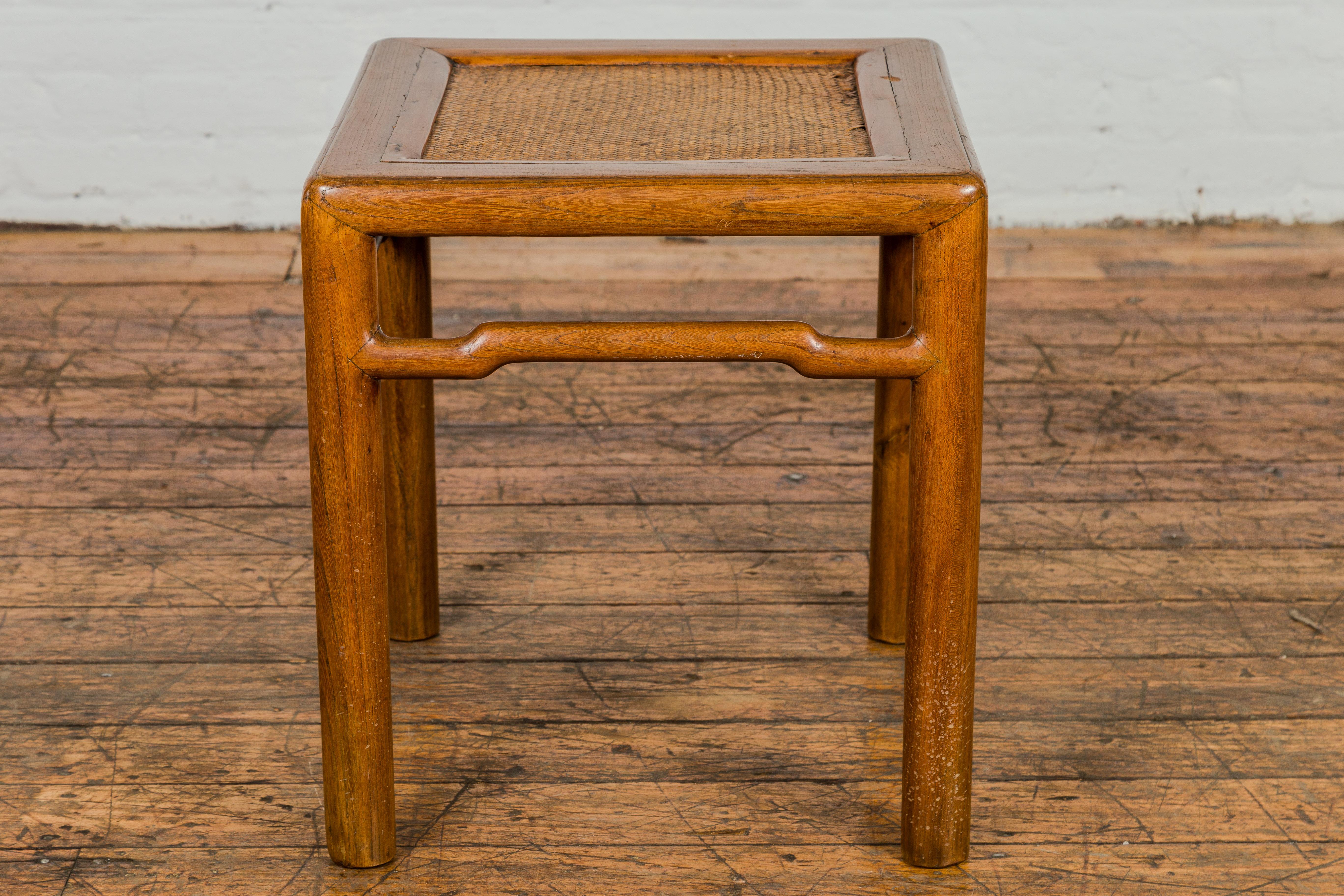 Hand-Woven Antique Small Square Side Table with Rattan Insert and Humpback Stretcher For Sale