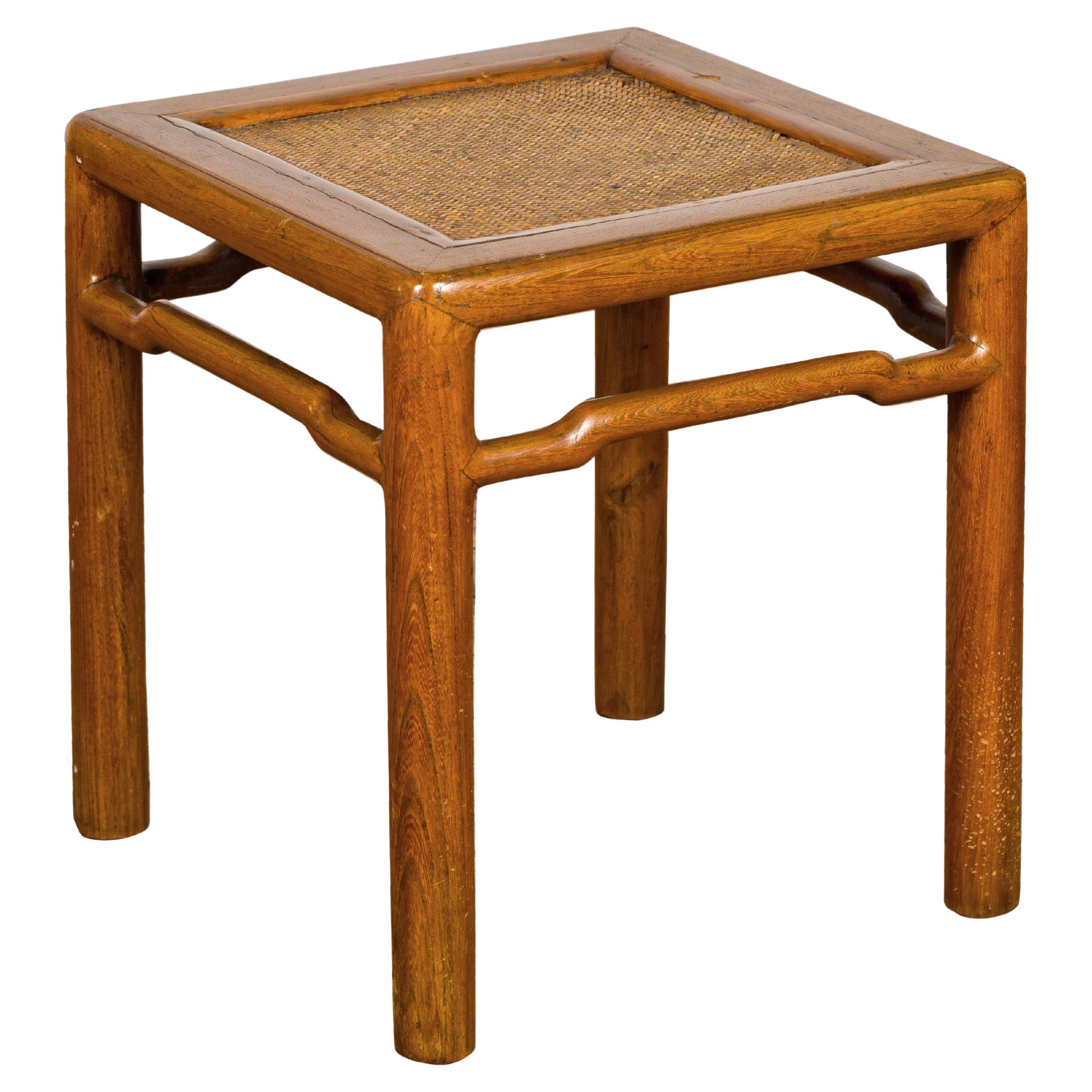 Antique Small Square Side Table with Rattan Insert and Humpback Stretcher For Sale