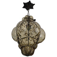 Antique Small Venetian Murano Pendant Light Mouthblown Smoking Glass in Frame