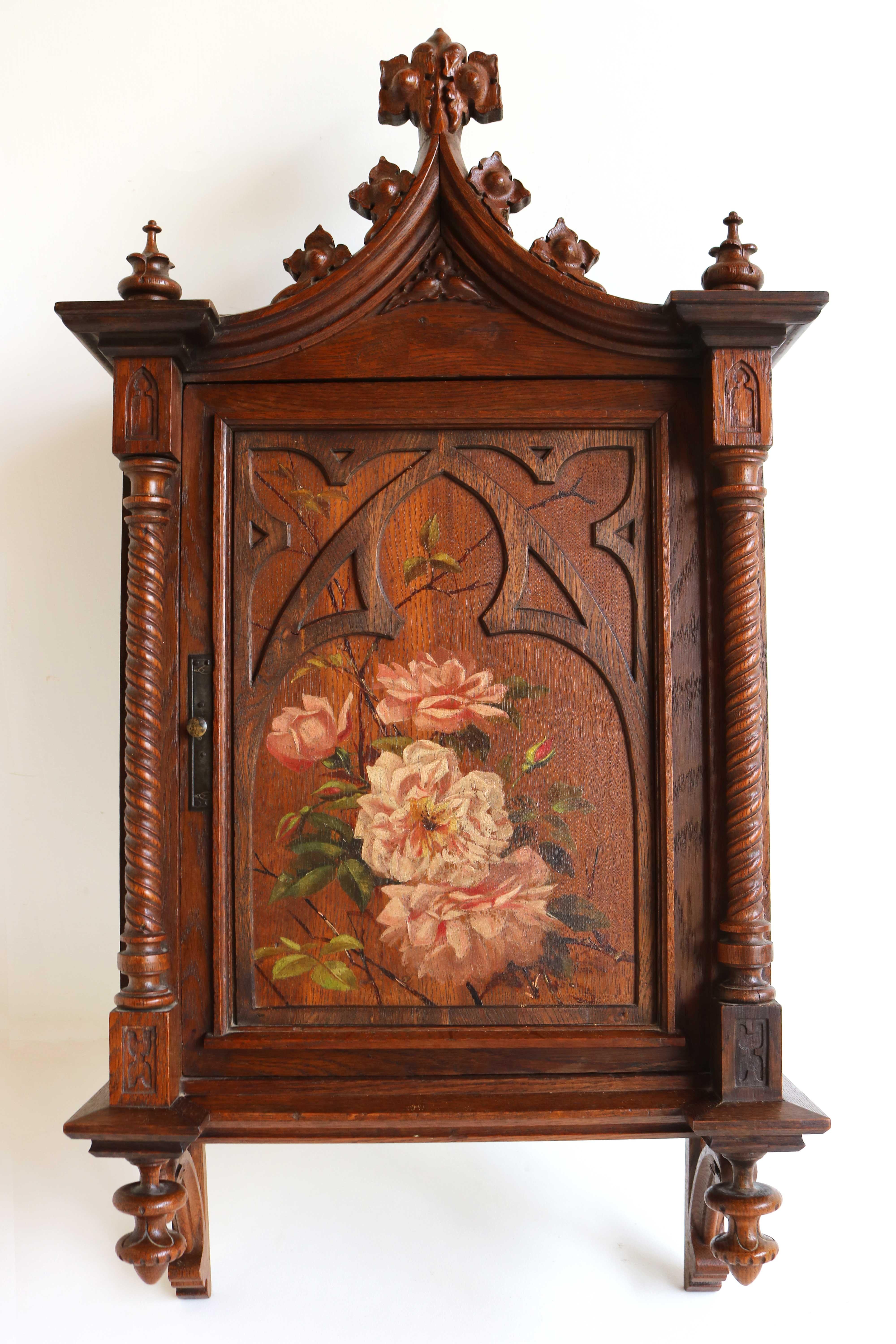 French Antique Small Wall Cabinet Gothic Revival Hand-Carved Oak Painted Twist Church For Sale
