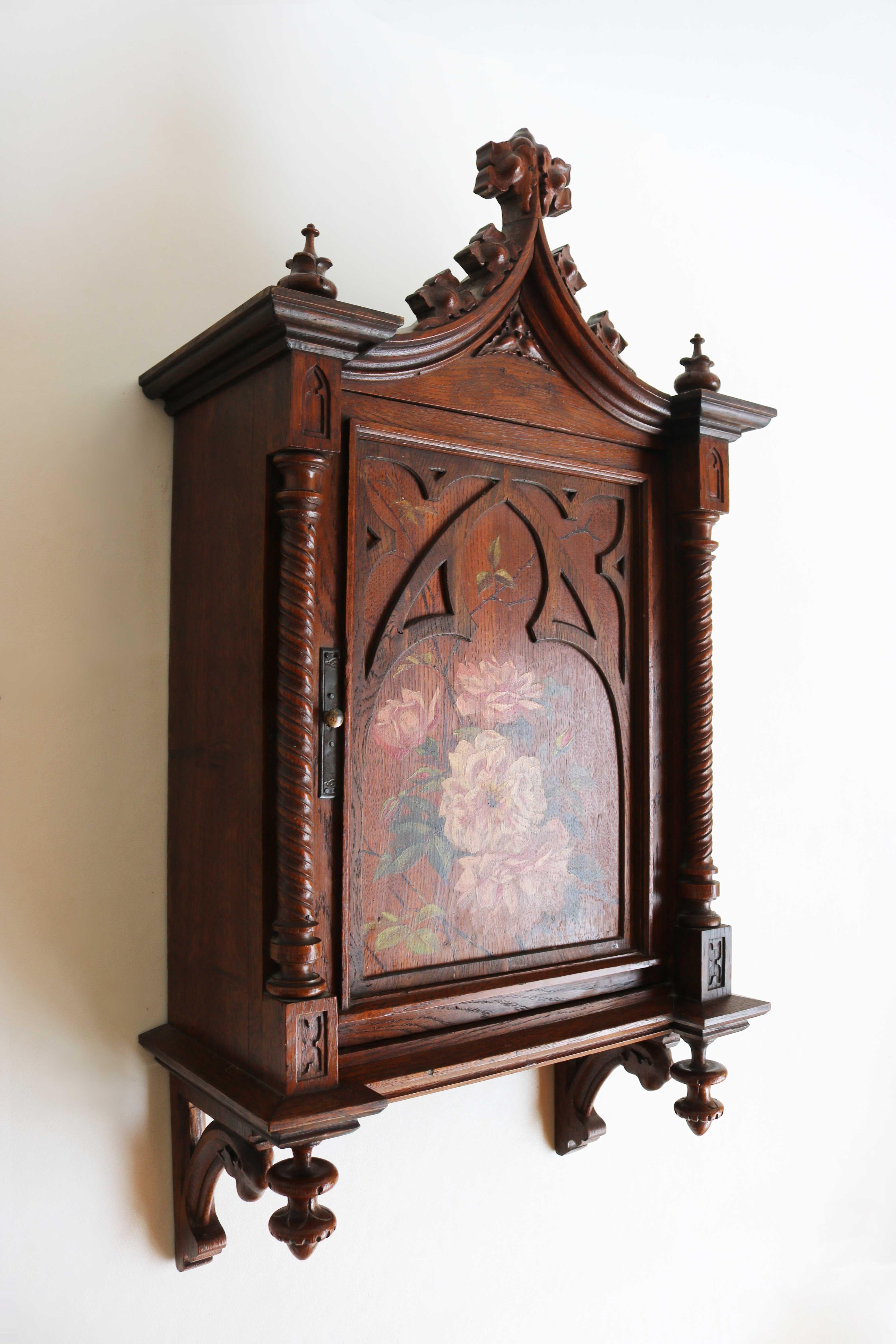 Antique Small Wall Cabinet Gothic Revival Hand-Carved Oak Painted Twist Church For Sale 2