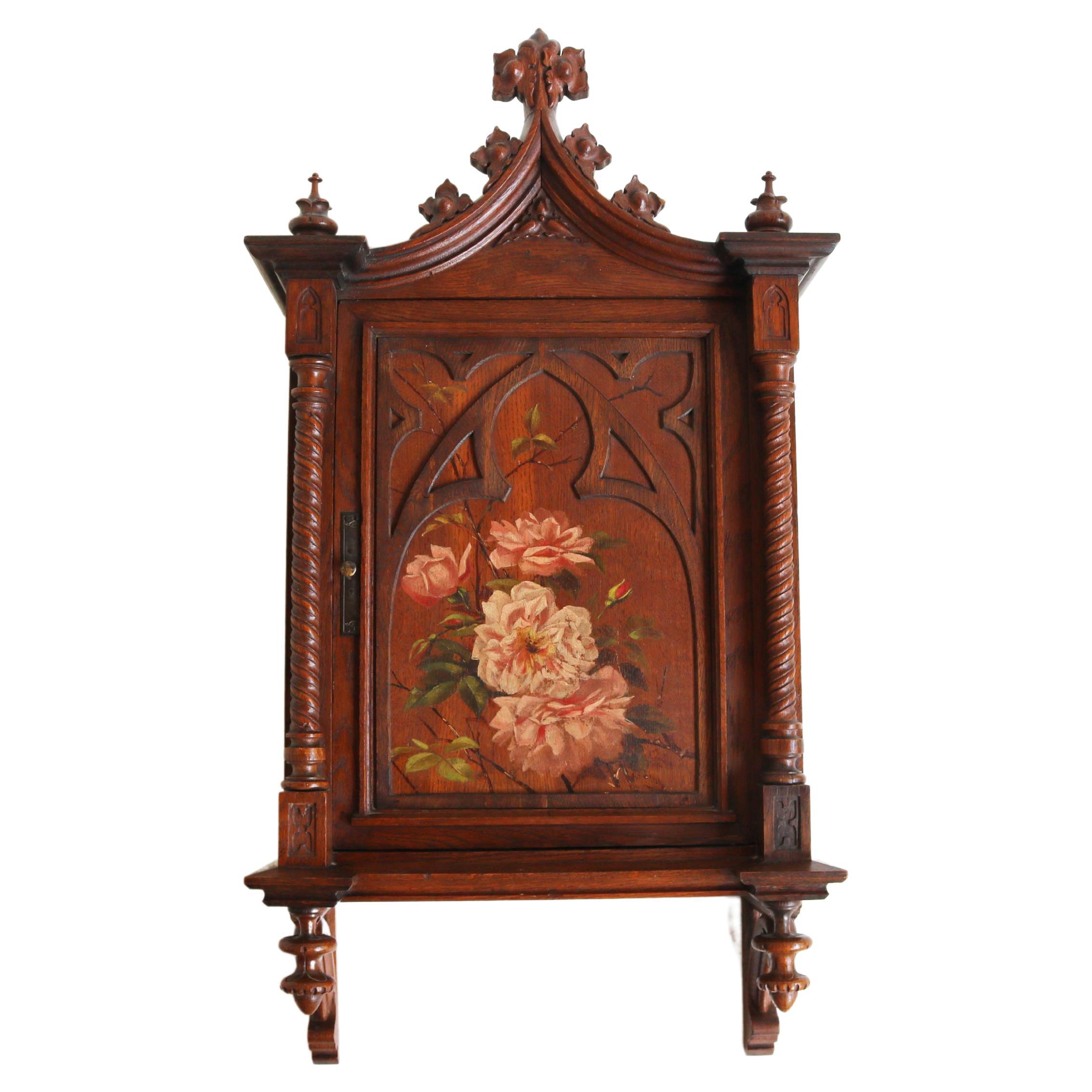 Antique Small Wall Cabinet Gothic Revival Hand-Carved Oak Painted Twist Church For Sale
