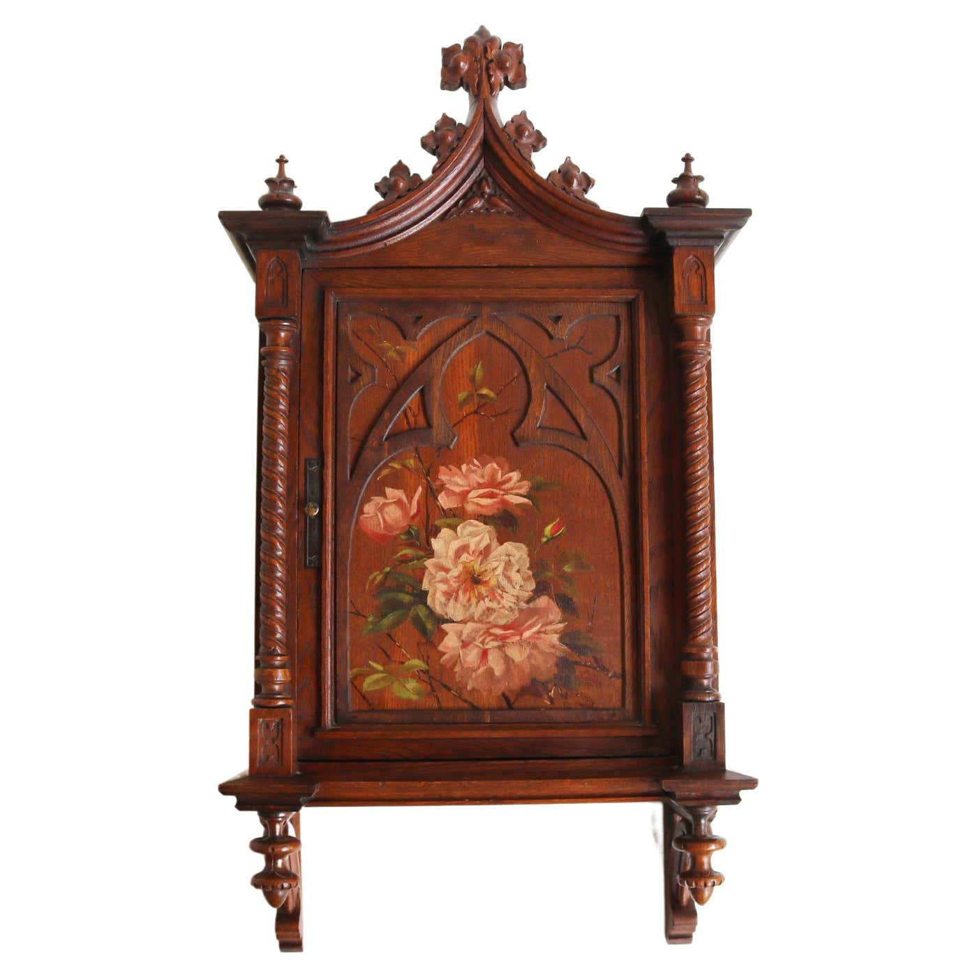 Antique Small Wall Cabinet Gothic Revival Hand Carved Oak Painted Twist Antique small wall cabinet gothic revival hand carved oak painted twist