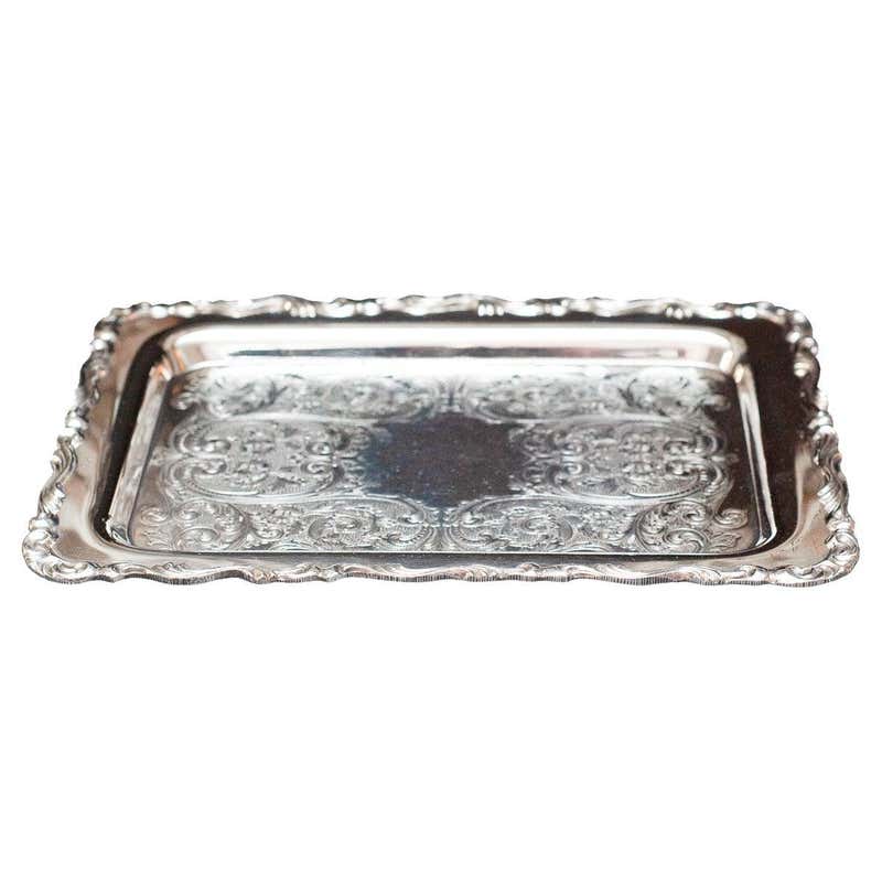 Silver Rectangular Antique Rectangular Silver Plated Serving Tray with Stylized Floral ...