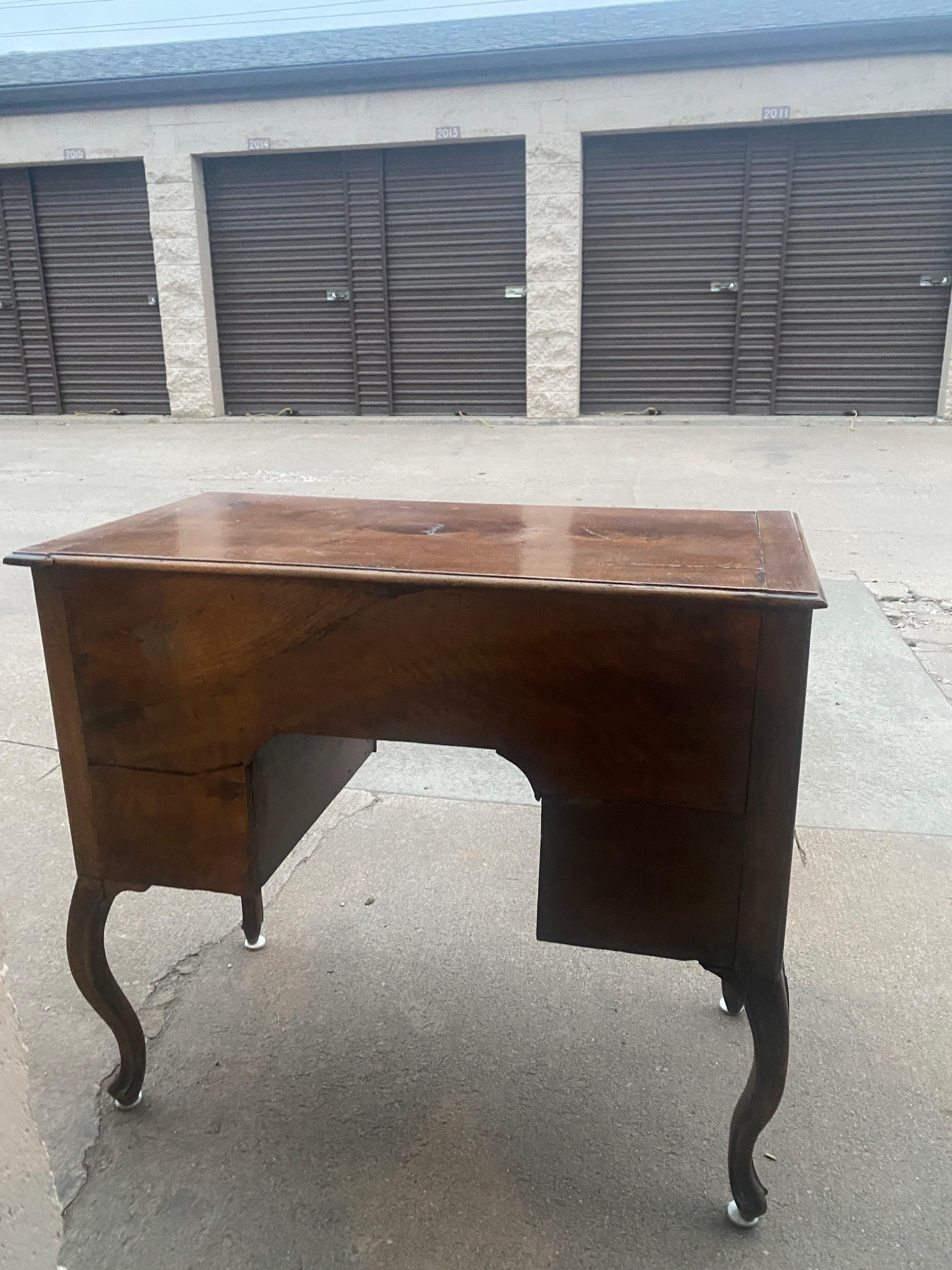 Brass Antique Small Writing Desk on Cabriole Legs For Sale