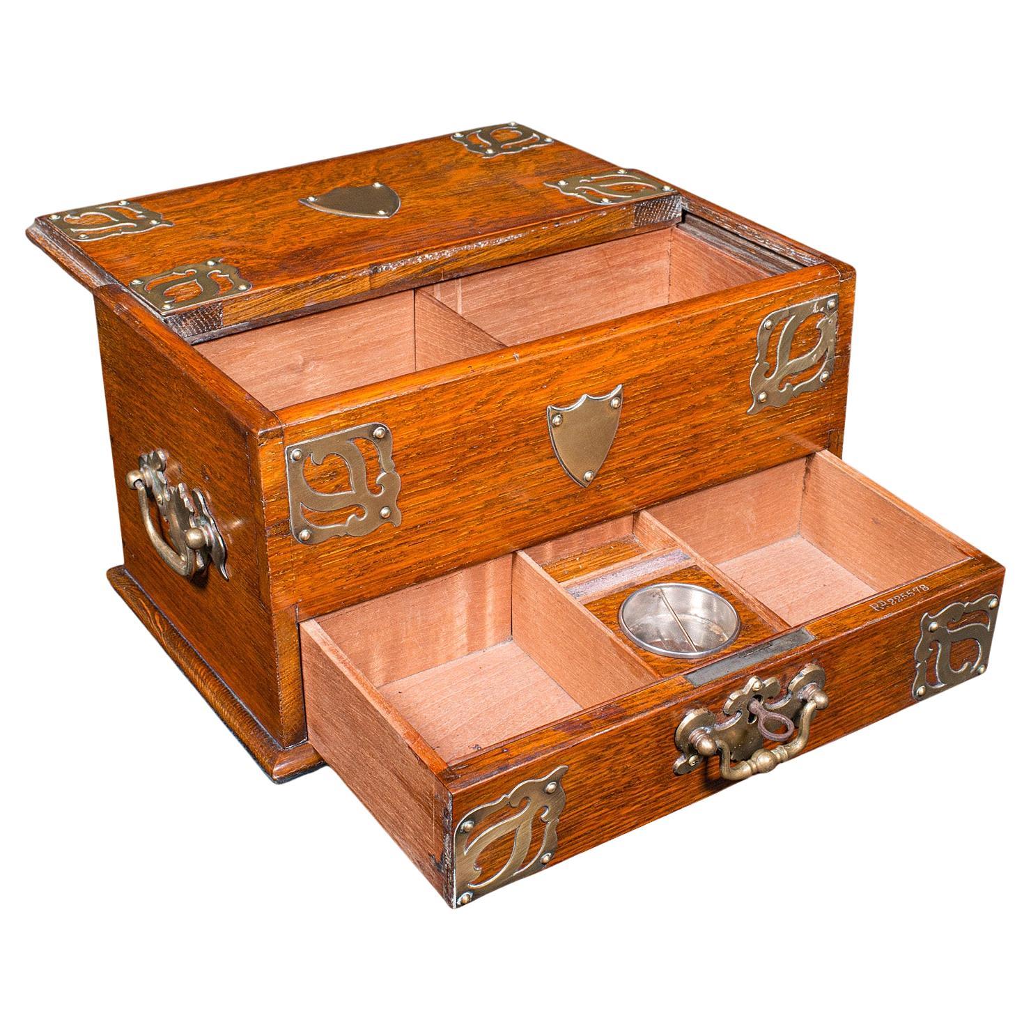 Antique Smoker's Box, English, Oak, Brass, Cigar Case, Club Lounge, Edwardian