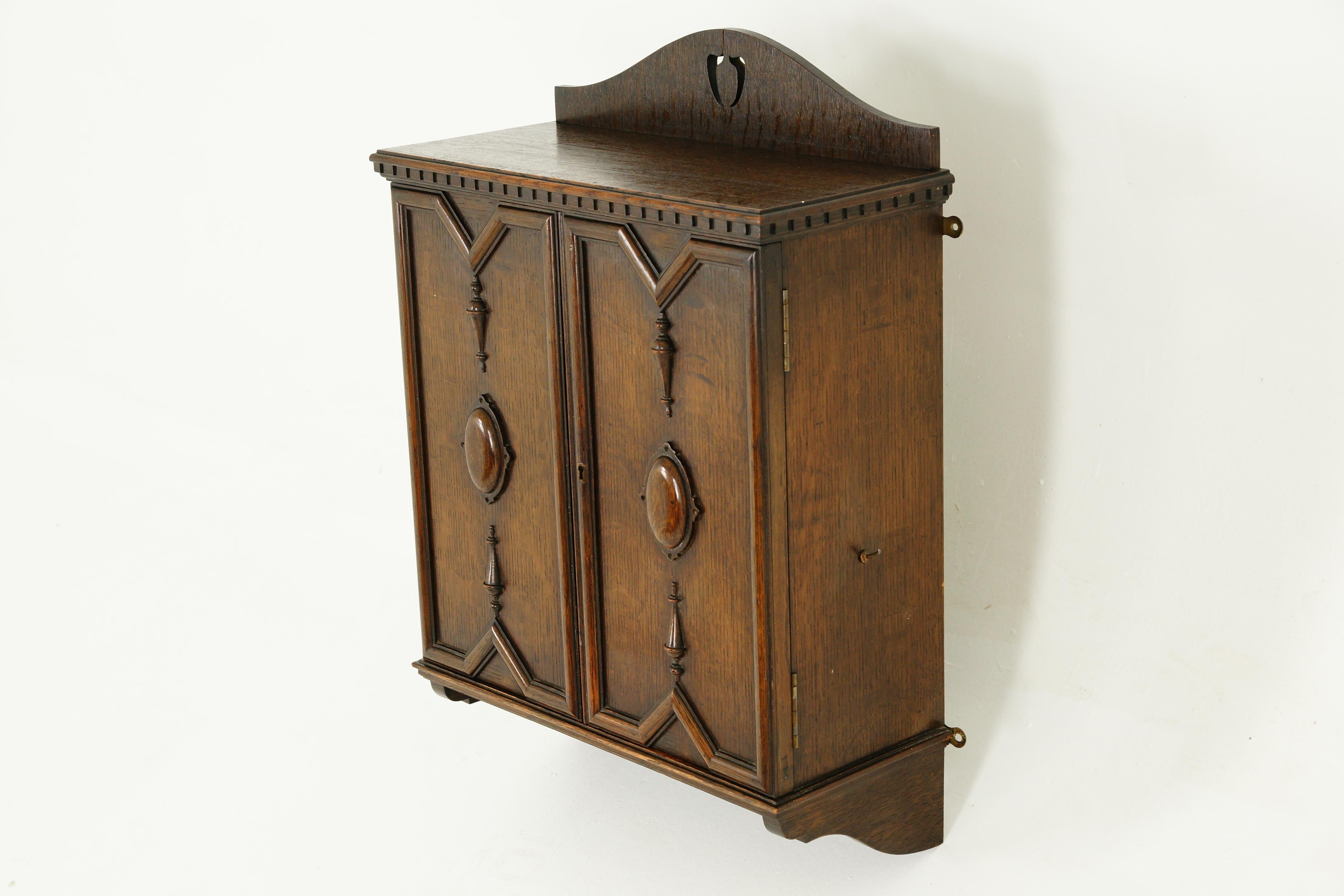 Antique Smokers Cabinet, Carved Tiger Oak, Humidor, Pipe Rack, Scotland, 1910 4