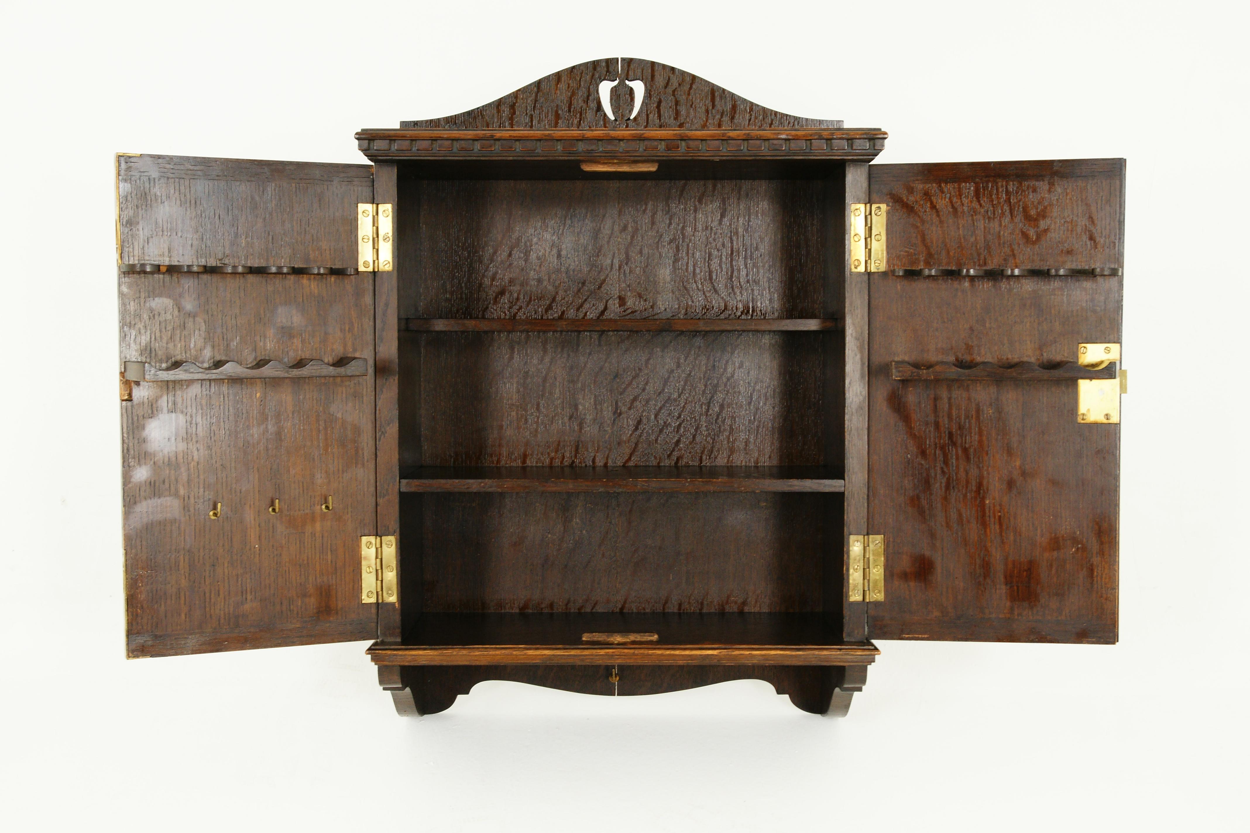 Scottish Antique Smokers Cabinet, Carved Tiger Oak, Humidor, Pipe Rack, Scotland, 1910