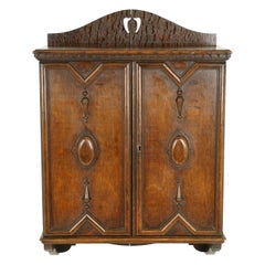 Antique Smokers Cabinet, Carved Tiger Oak, Humidor, Pipe Rack, Scotland, 1910