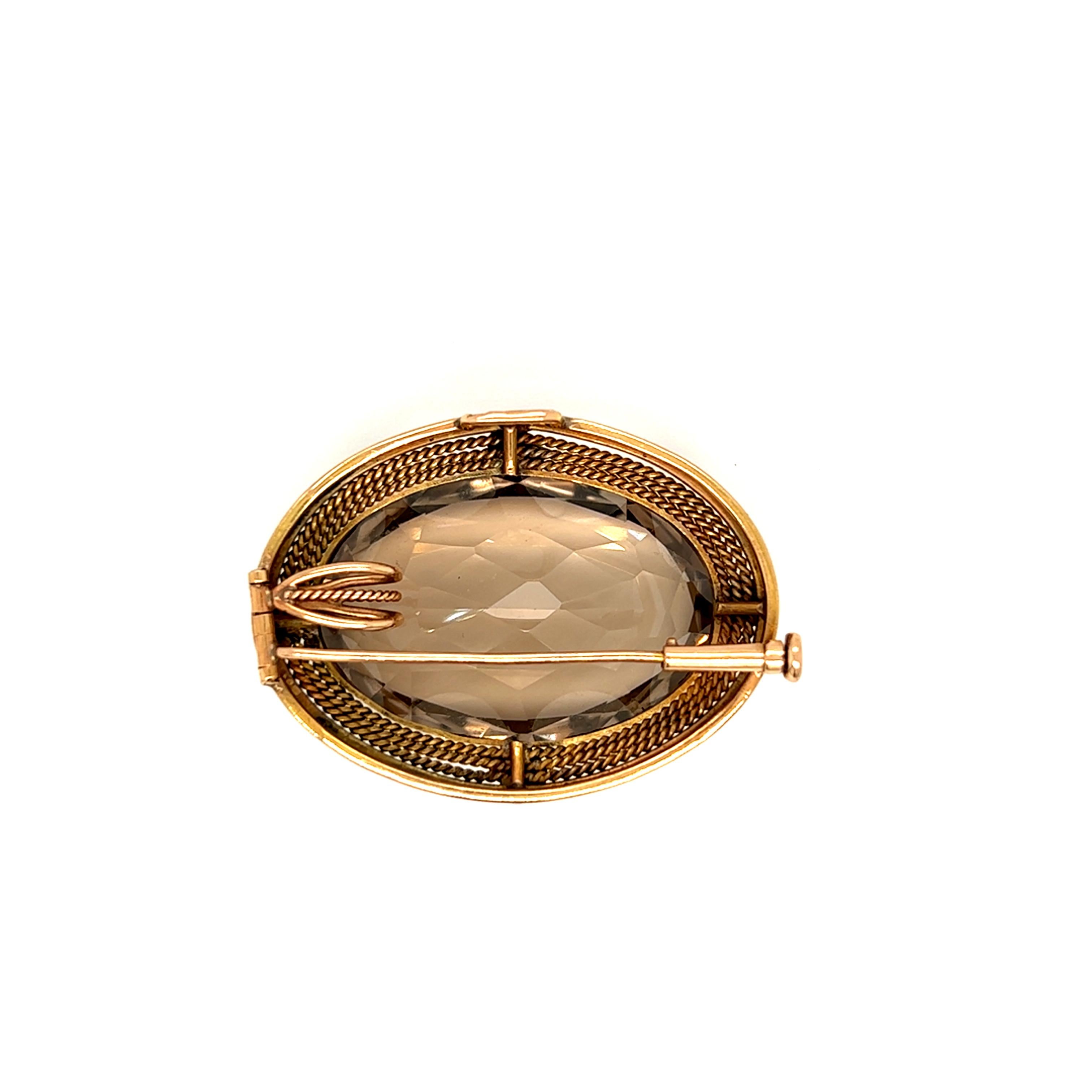 Antique Smokey Quartz Convertible Pendant Brooch 14k Yellow Gold For Sale 1