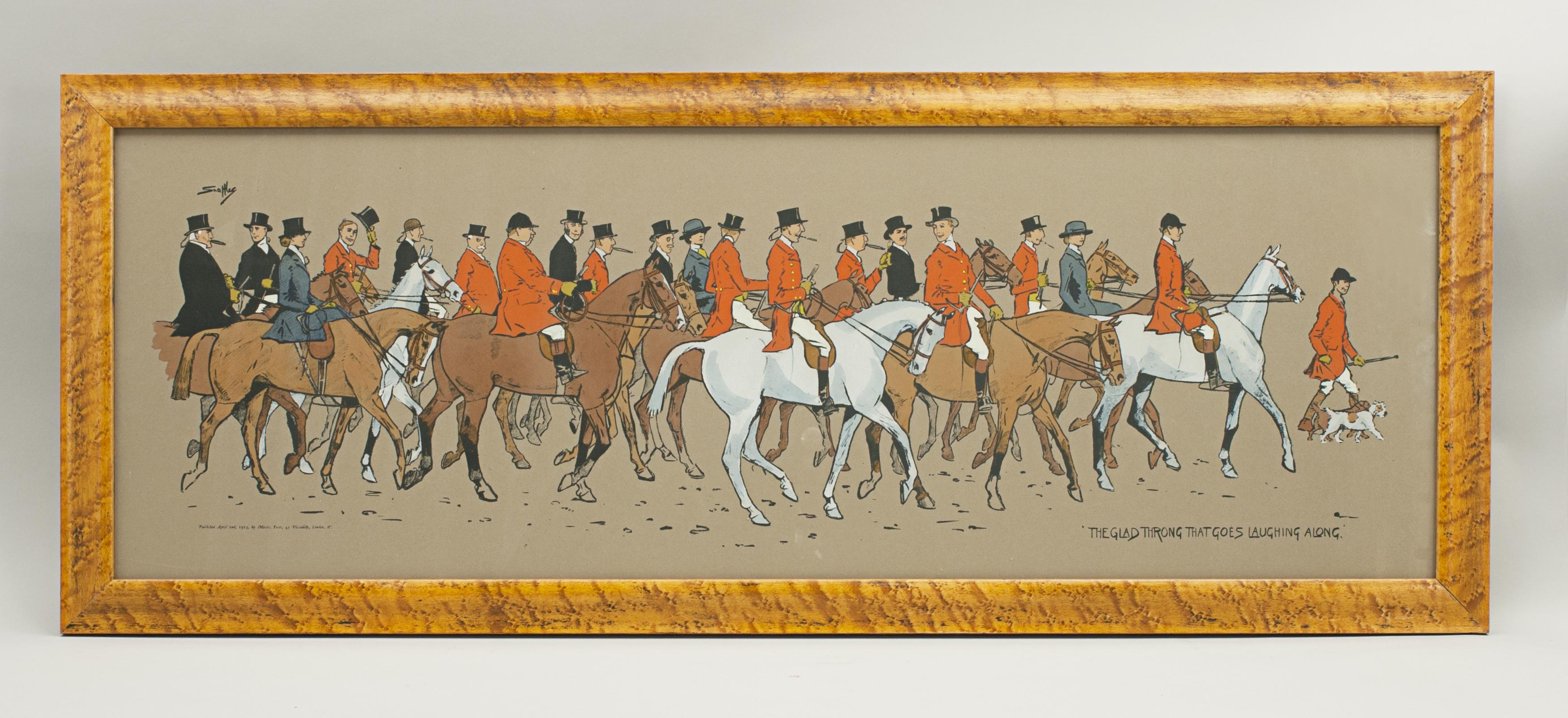 The Glad Throng That Goes Laughing Along.
A good large Snaffles hunting print 'The Glad Throng That Goes Laughing Along'. The Snaffles chromolithograph depicts a fox hunting field with a huntsman on foot at the front followed by the rest, including