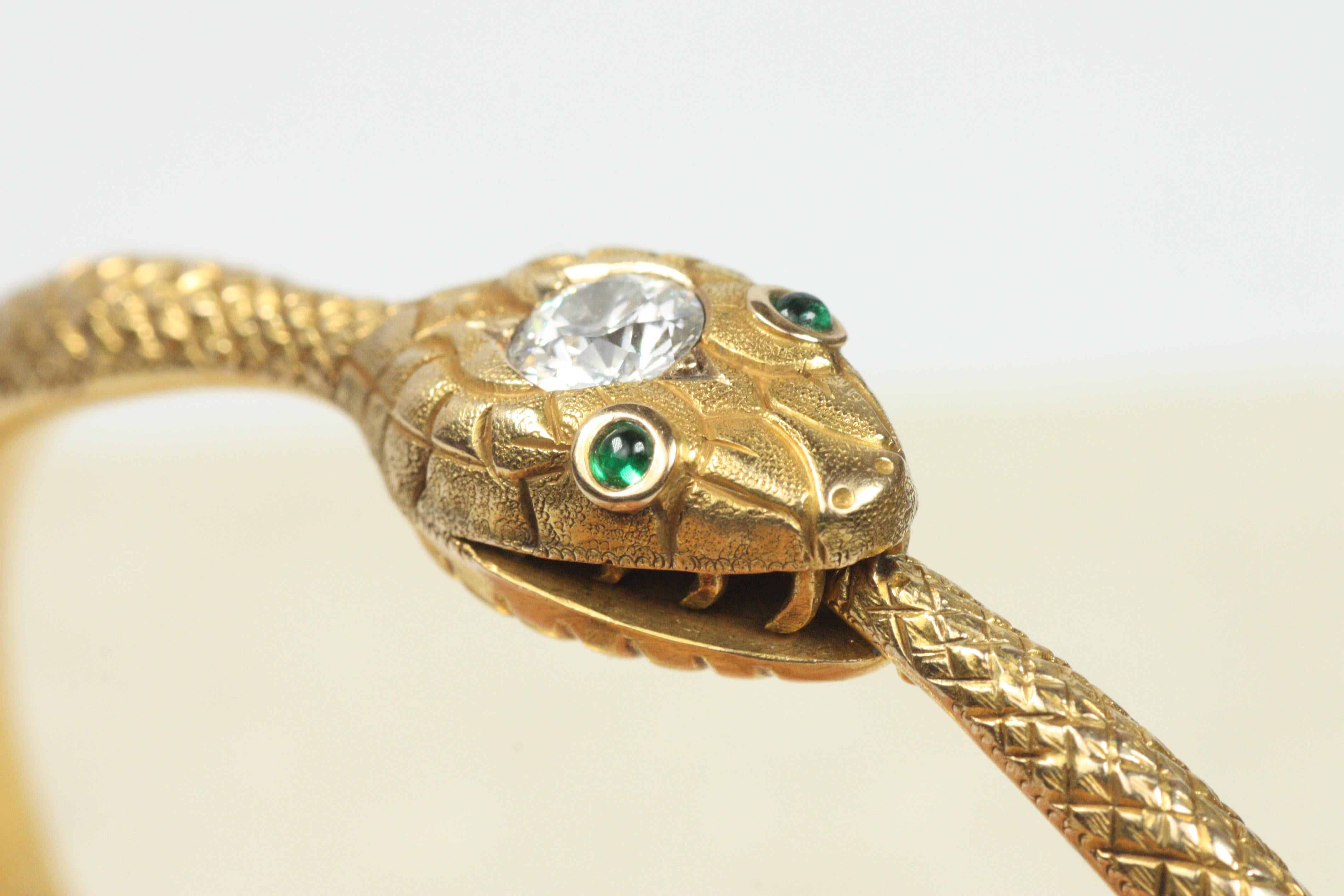 Round Cut Antique Snake Bangle Bracelet – 14K Yellow Gold, 0.70ct Diamond, Emeralds, c1900 For Sale