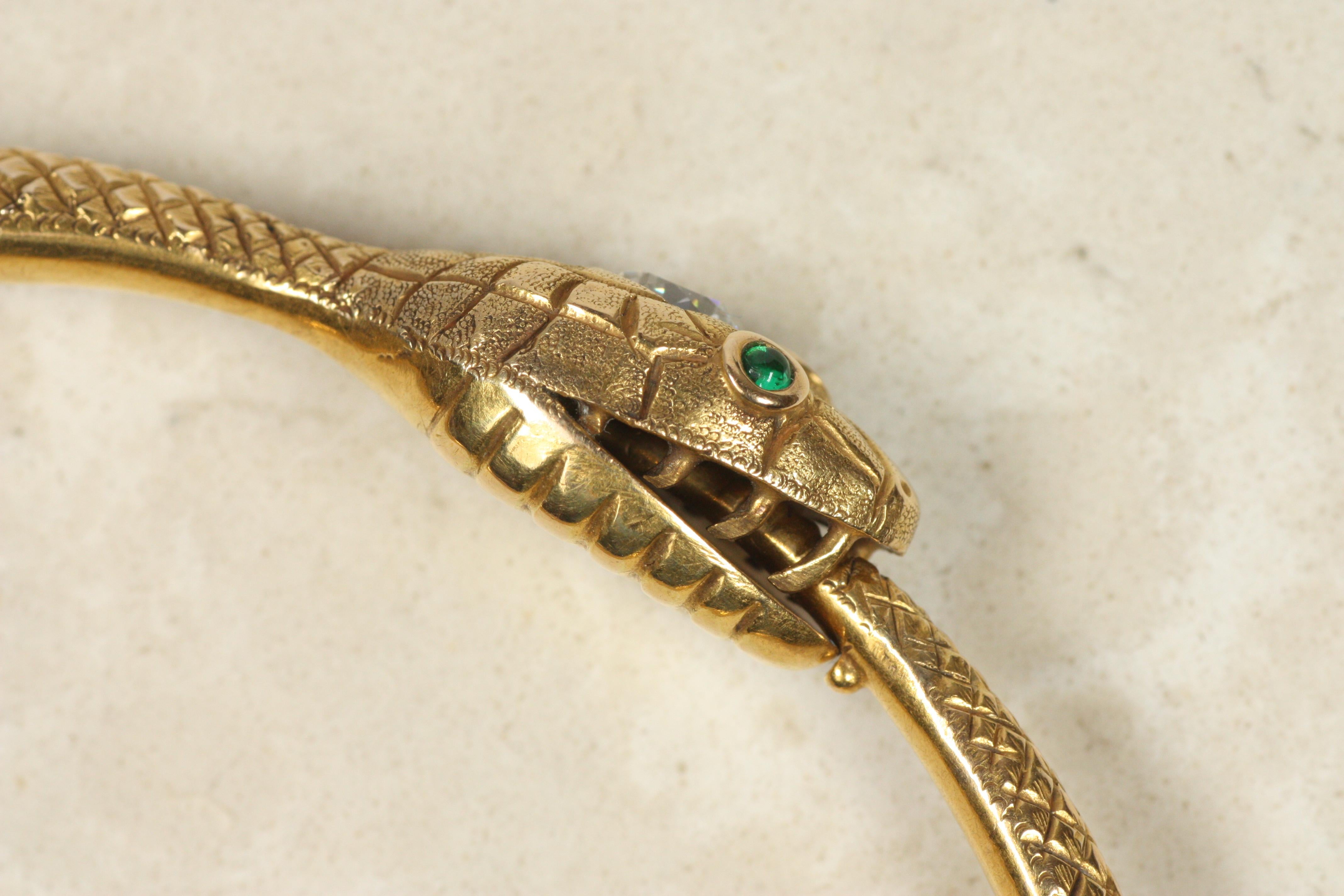 Antique Snake Bangle Bracelet – 14K Yellow Gold, 0.70ct Diamond, Emeralds, c1900 For Sale 1