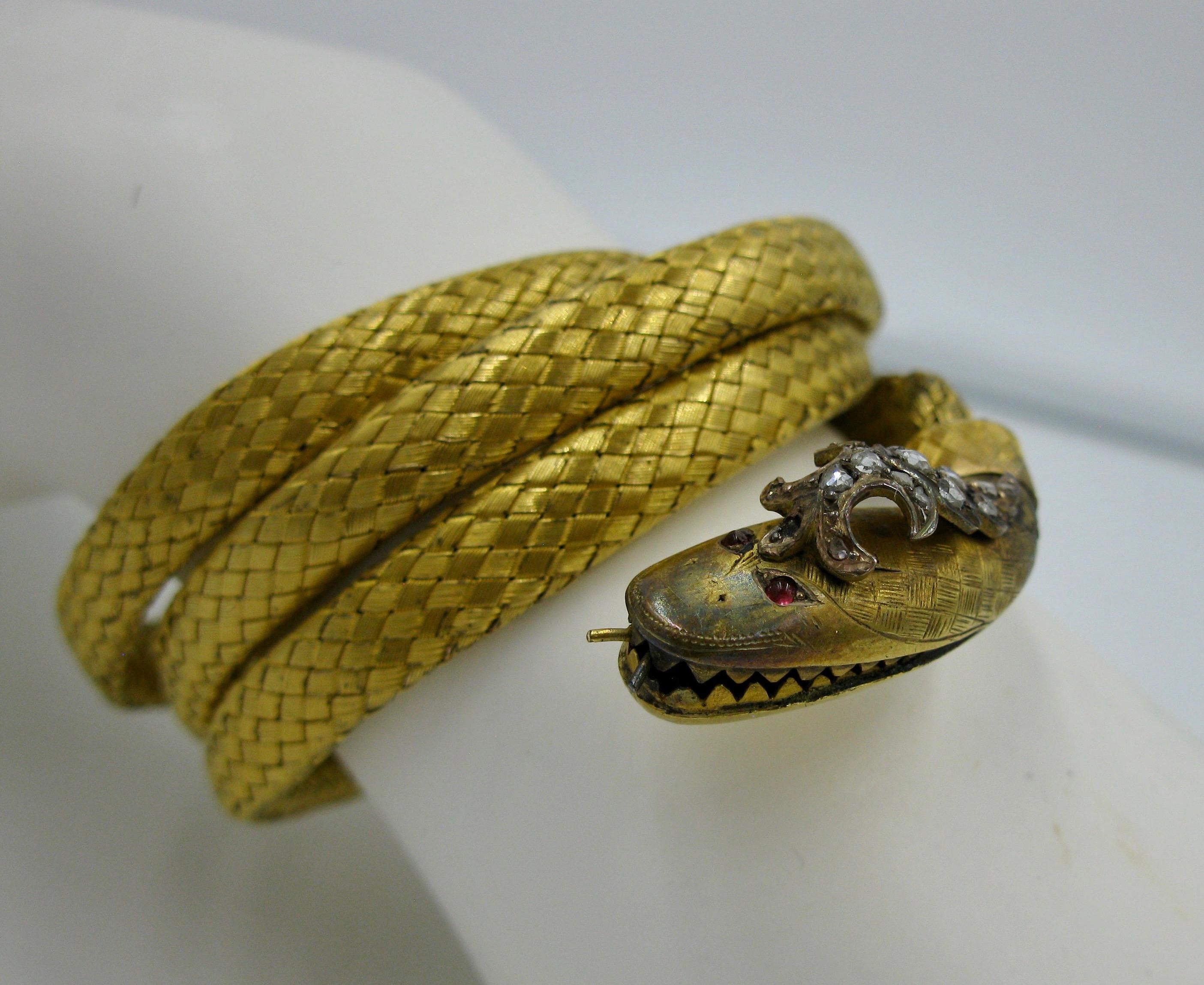 Victorian Antique Snake Bracelet Rose Cut Diamond Crown Ruby Eyes 14 Karat Gold circa 1840 For Sale