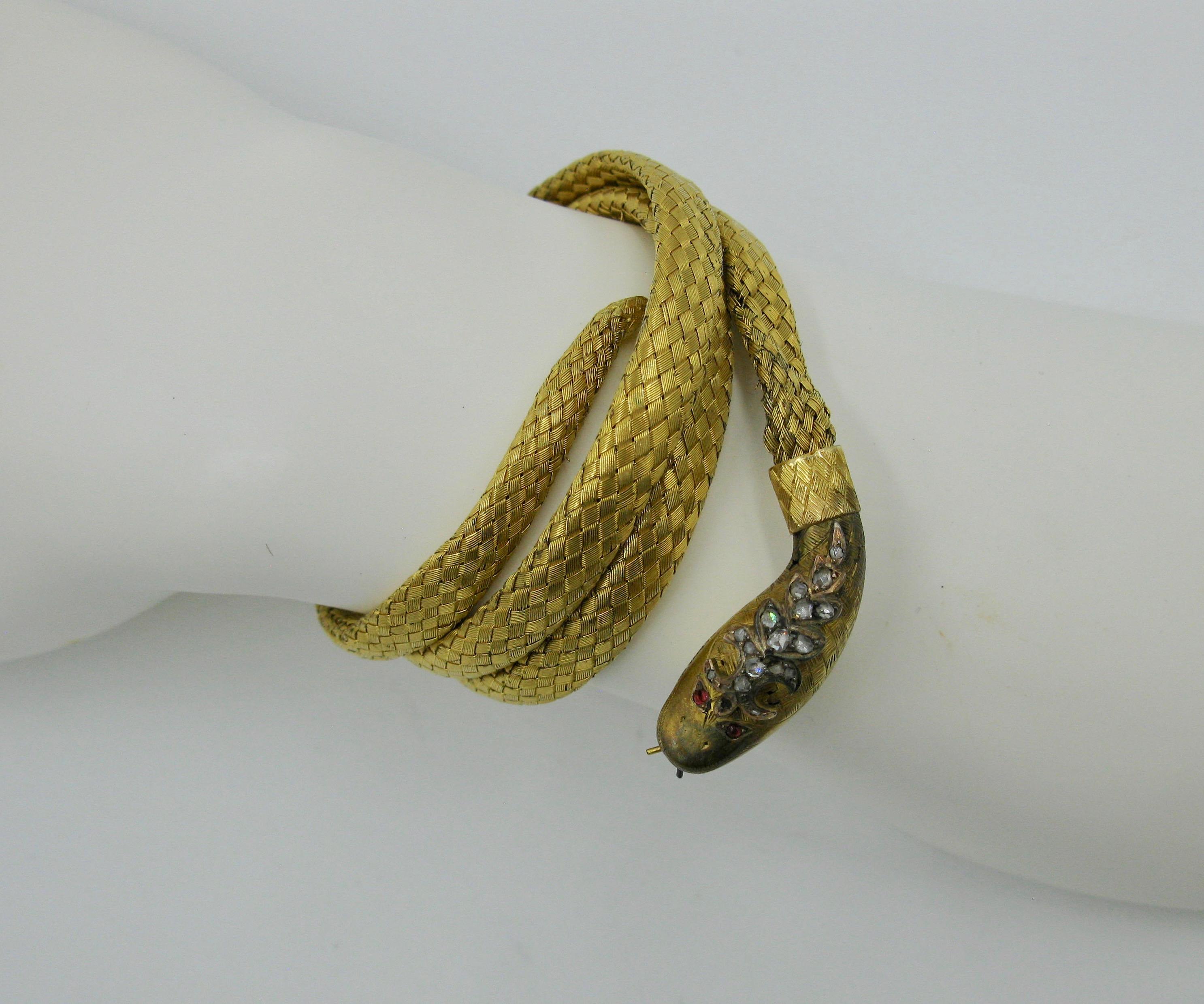 Women's Antique Snake Bracelet Rose Cut Diamond Crown Ruby Eyes 14 Karat Gold circa 1840 For Sale