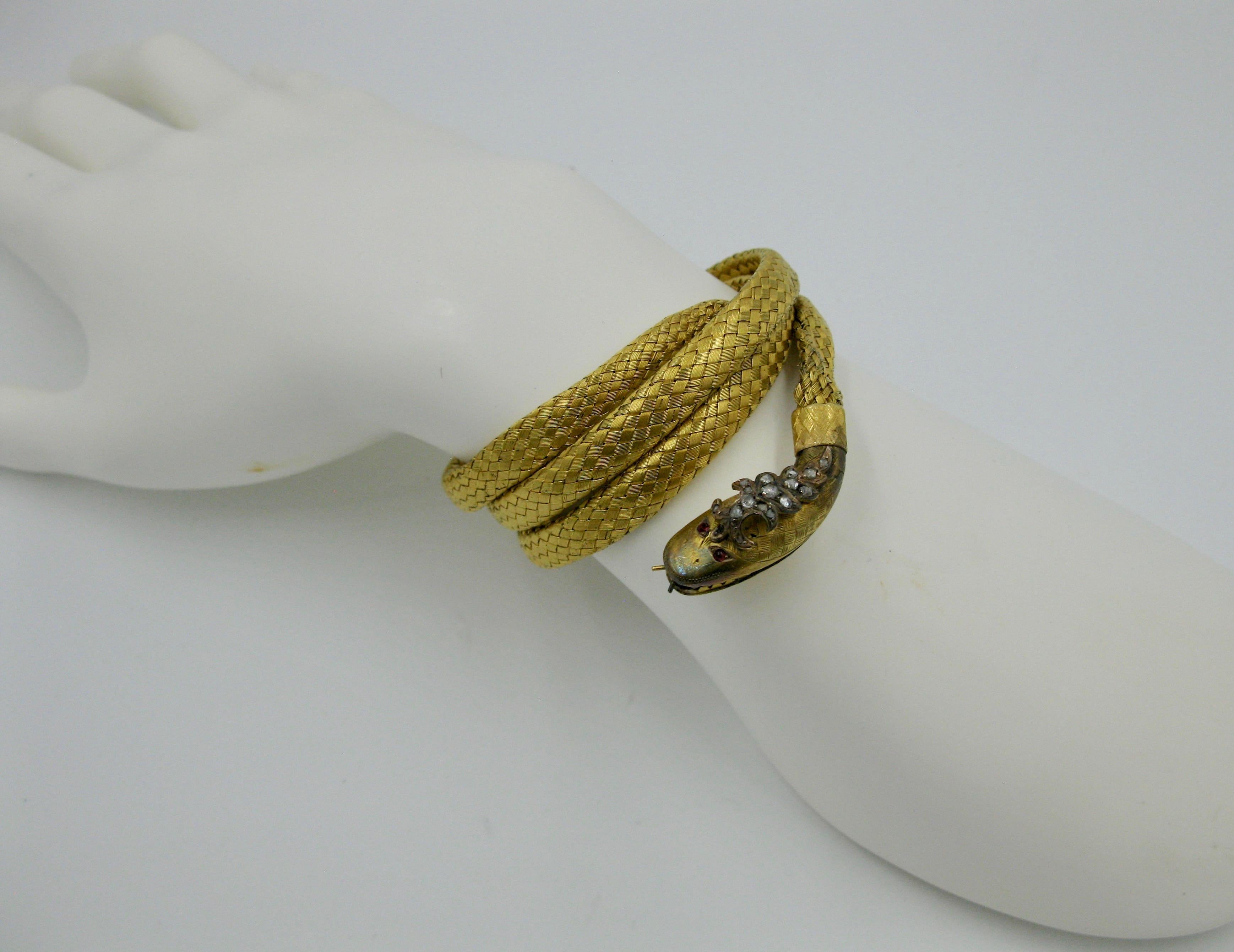 Antique Snake Bracelet Rose Cut Diamond Crown Ruby Eyes 14 Karat Gold circa 1840 For Sale 1