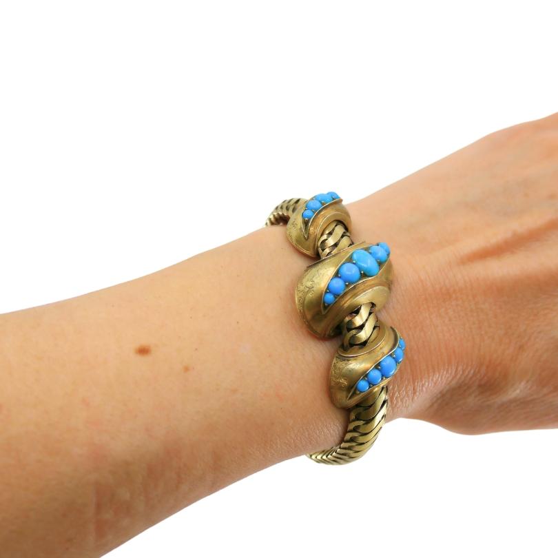 Taille mixte Bracelet serpent ancien en or 10 carats et turquoise en vente