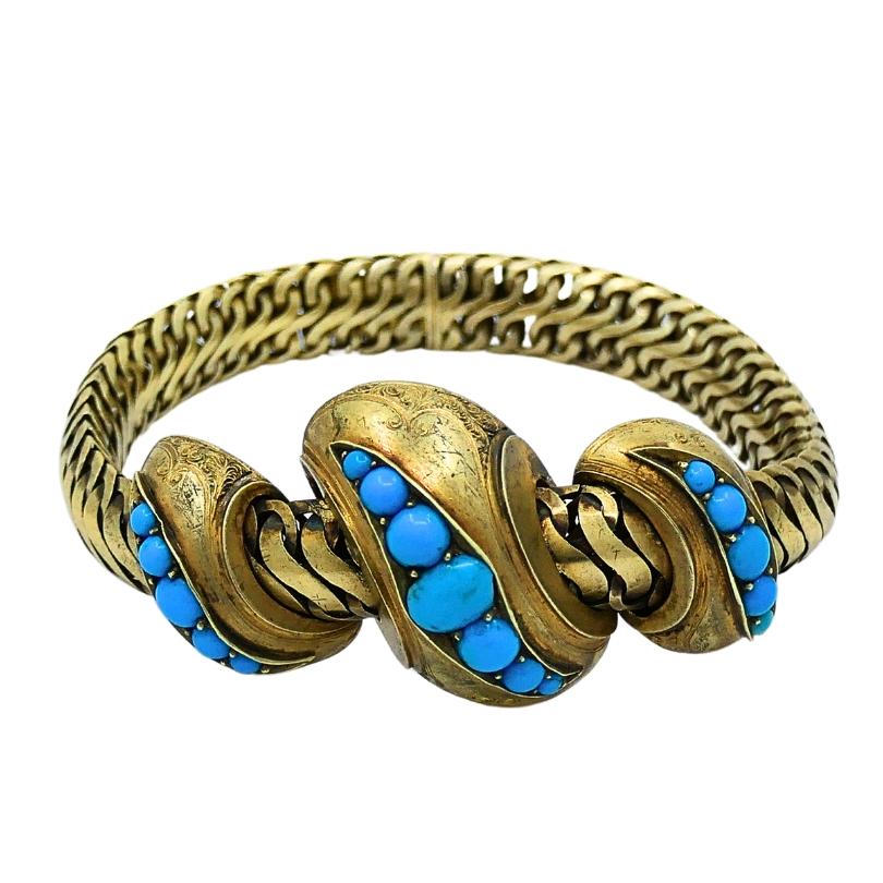 Bracelet serpent ancien en or 10 carats et turquoise Bon état - En vente à Beverly Hills, CA
