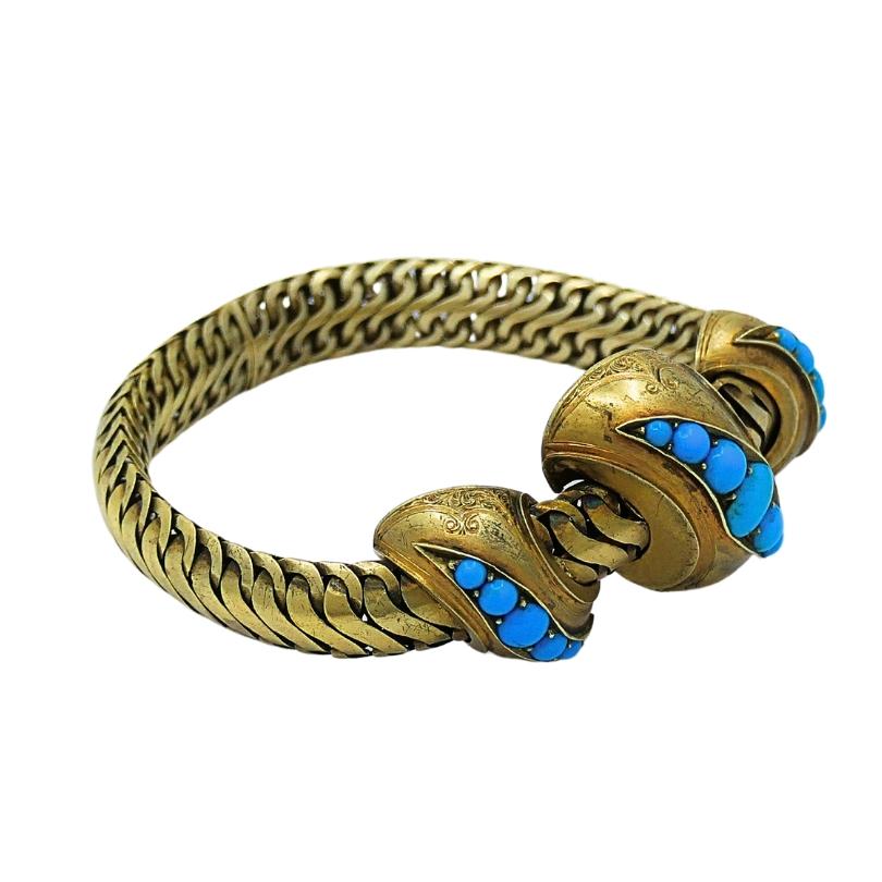 Bracelet serpent ancien en or 10 carats et turquoise en vente 1