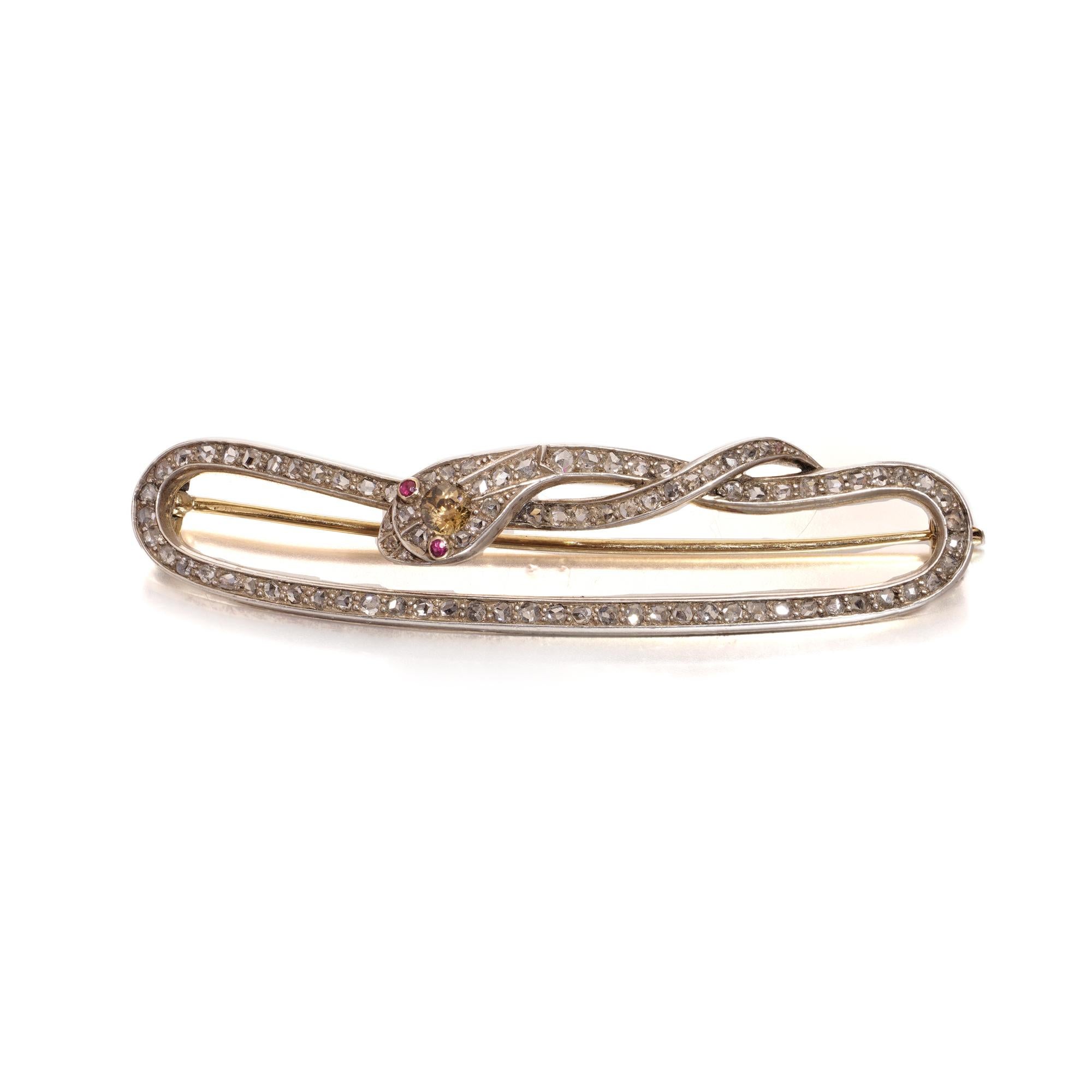 Antike Schlangenbrosche aus 14kt Gold, Platin und Silber mit Diamanten und Rubinen im Angebot 1