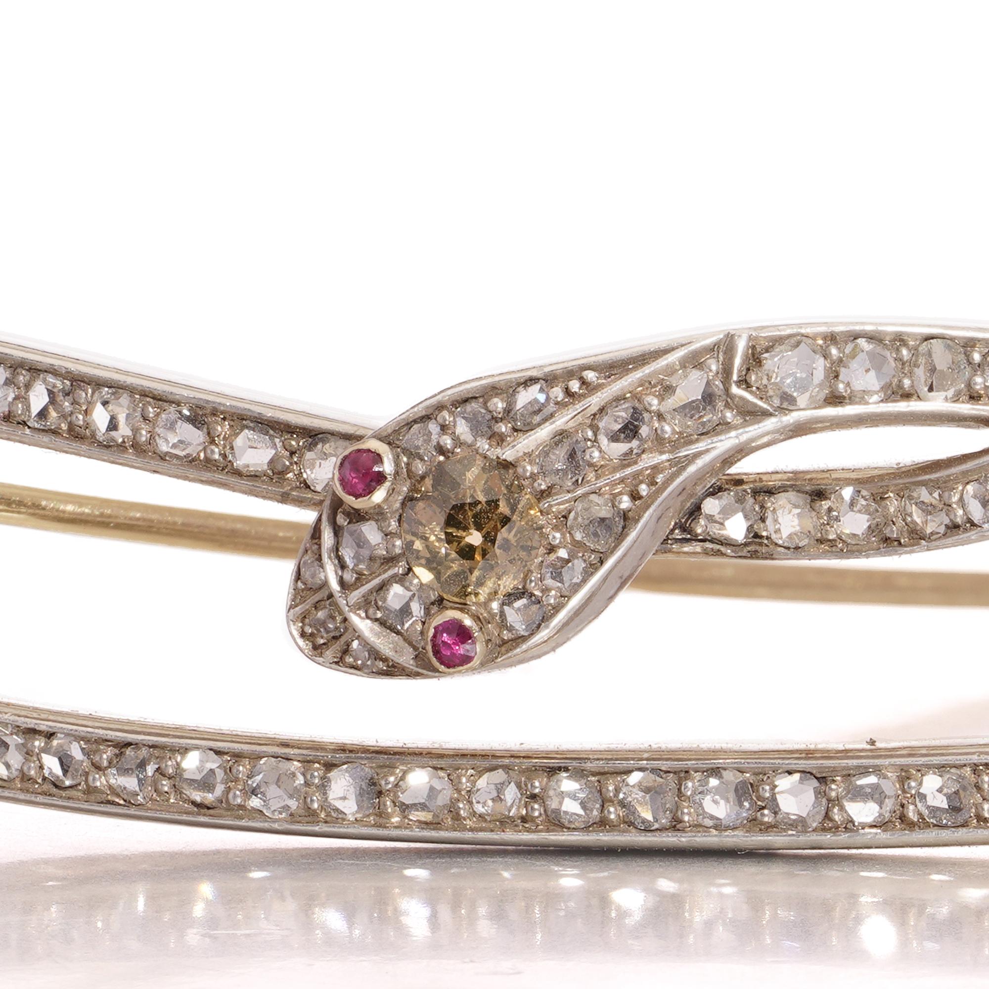 Antike Schlangenbrosche aus 14kt Gold, Platin und Silber mit Diamanten und Rubinen im Angebot 2
