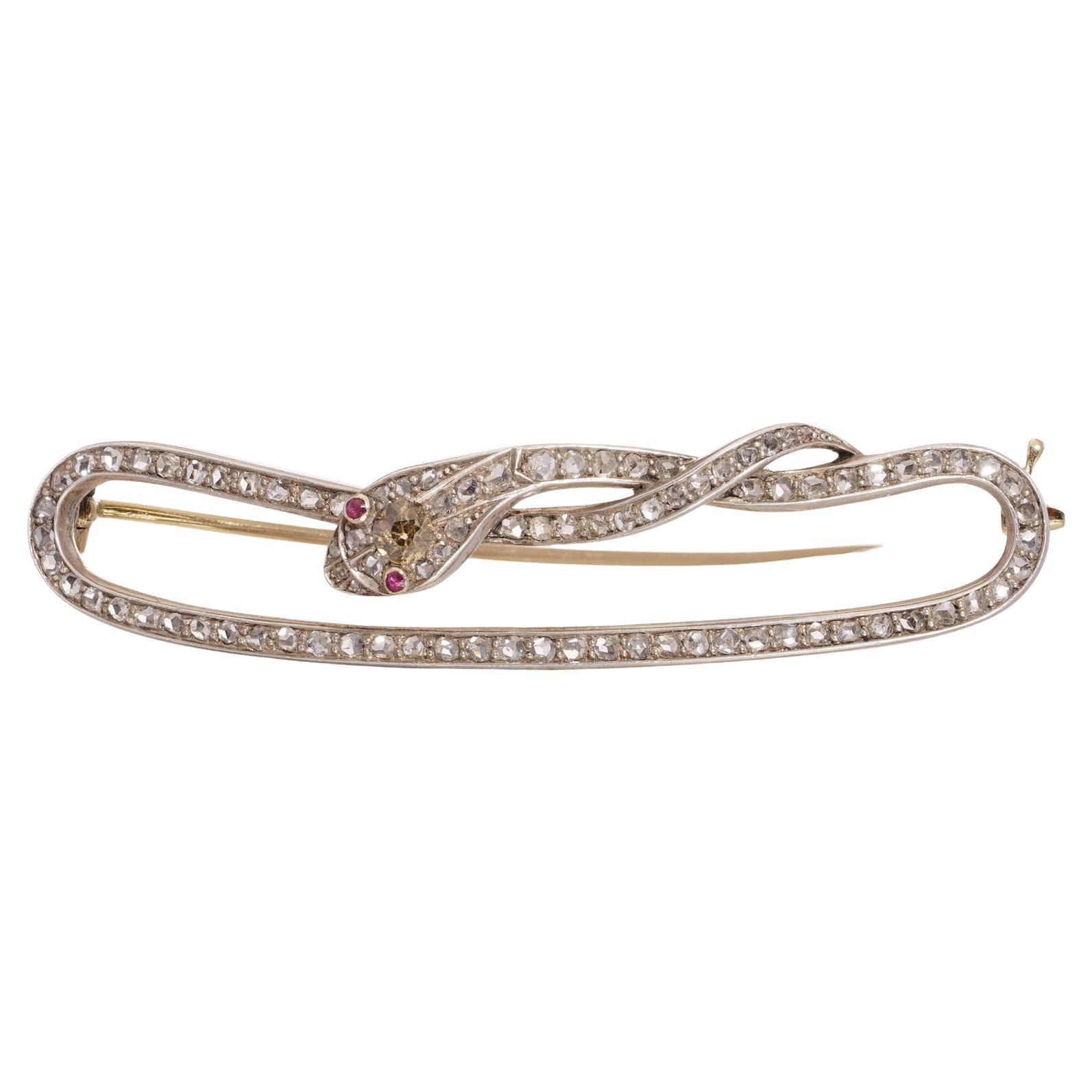 Antike Schlangenbrosche aus 14kt Gold, Platin und Silber mit Diamanten und Rubinen im Angebot