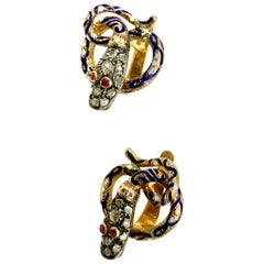 Antique Snake Earrings, Diamonds, Rubies, Enamel and 14 Karat Yellow Gold