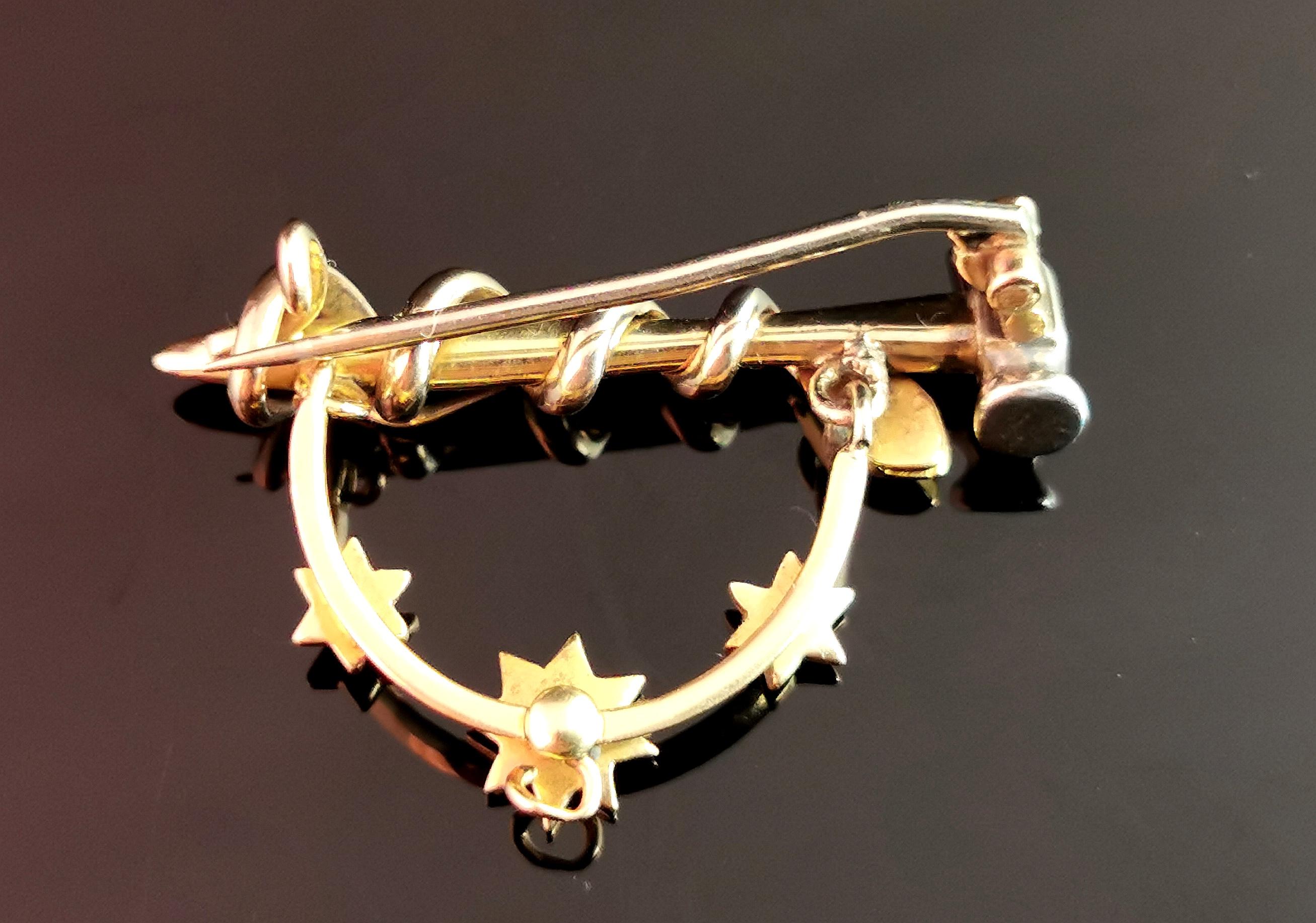 Antique Snake, Hammer and Stars Brooch, 9k Gold and Silver, Diamond, Ruby, Pearl For Sale 4