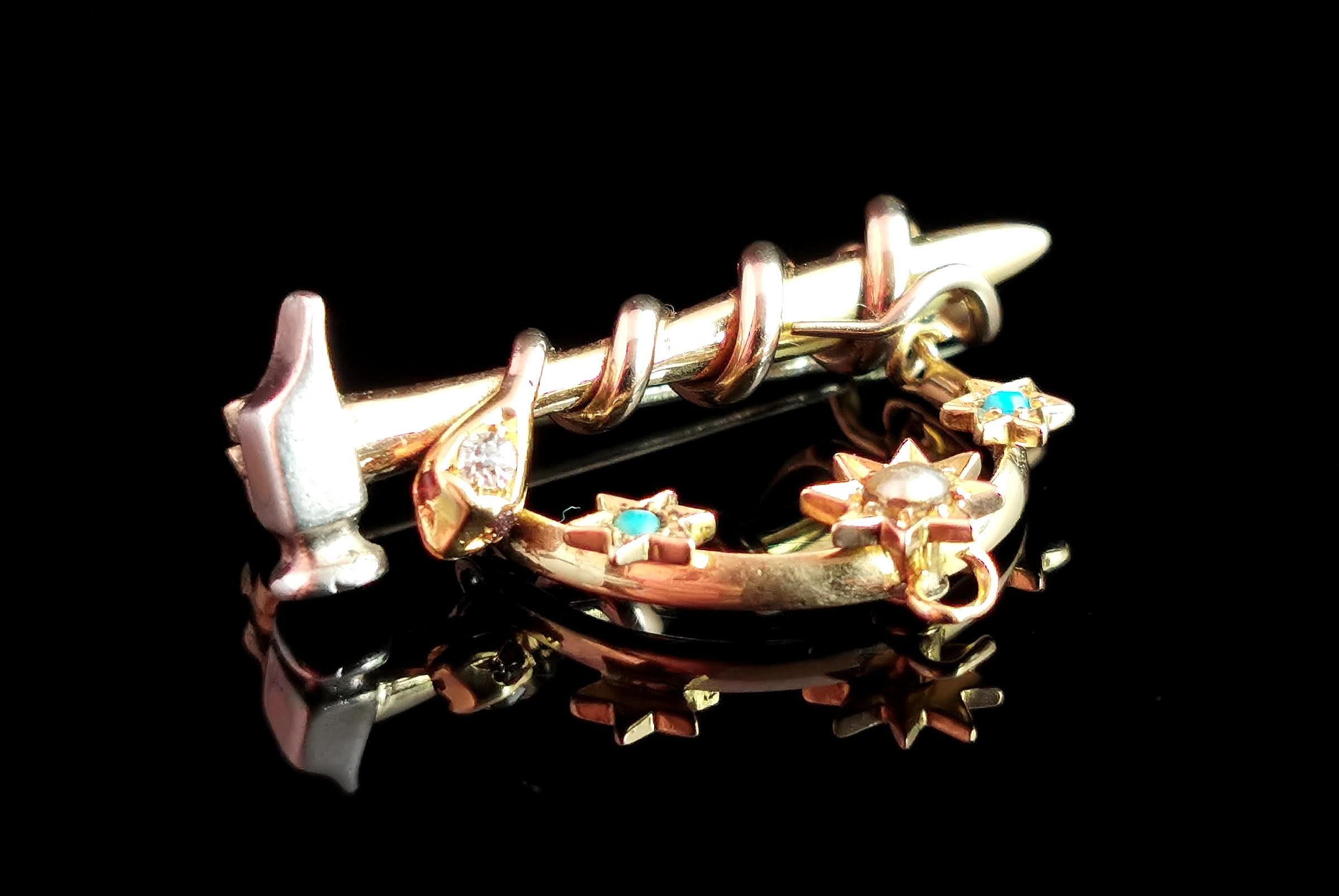 Antique Snake, Hammer and Stars Brooch, 9k Gold and Silver, Diamond, Ruby, Pearl For Sale 5