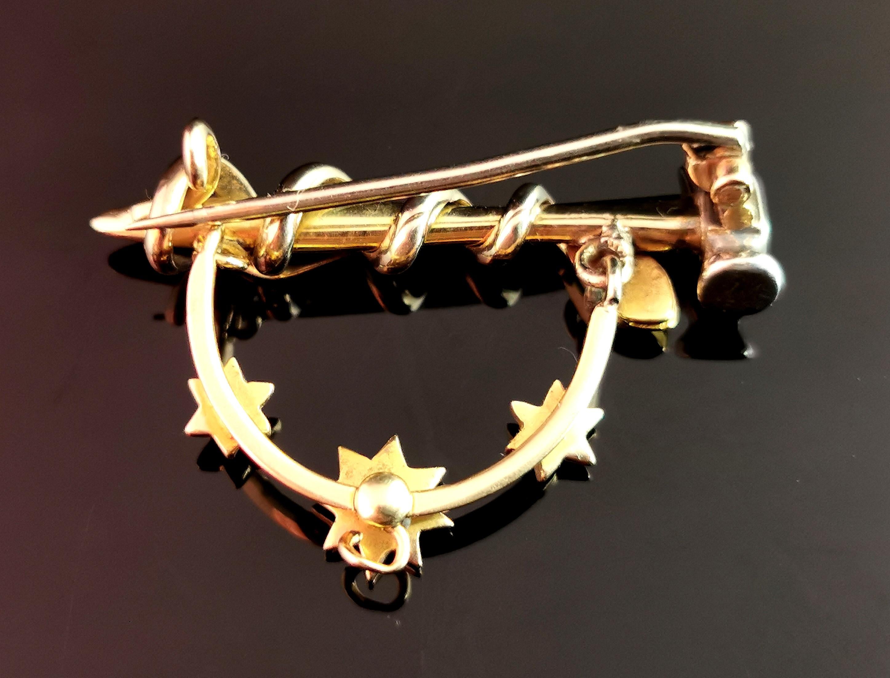 Antique Snake, Hammer and Stars Brooch, 9k Gold and Silver, Diamond, Ruby, Pearl For Sale 6