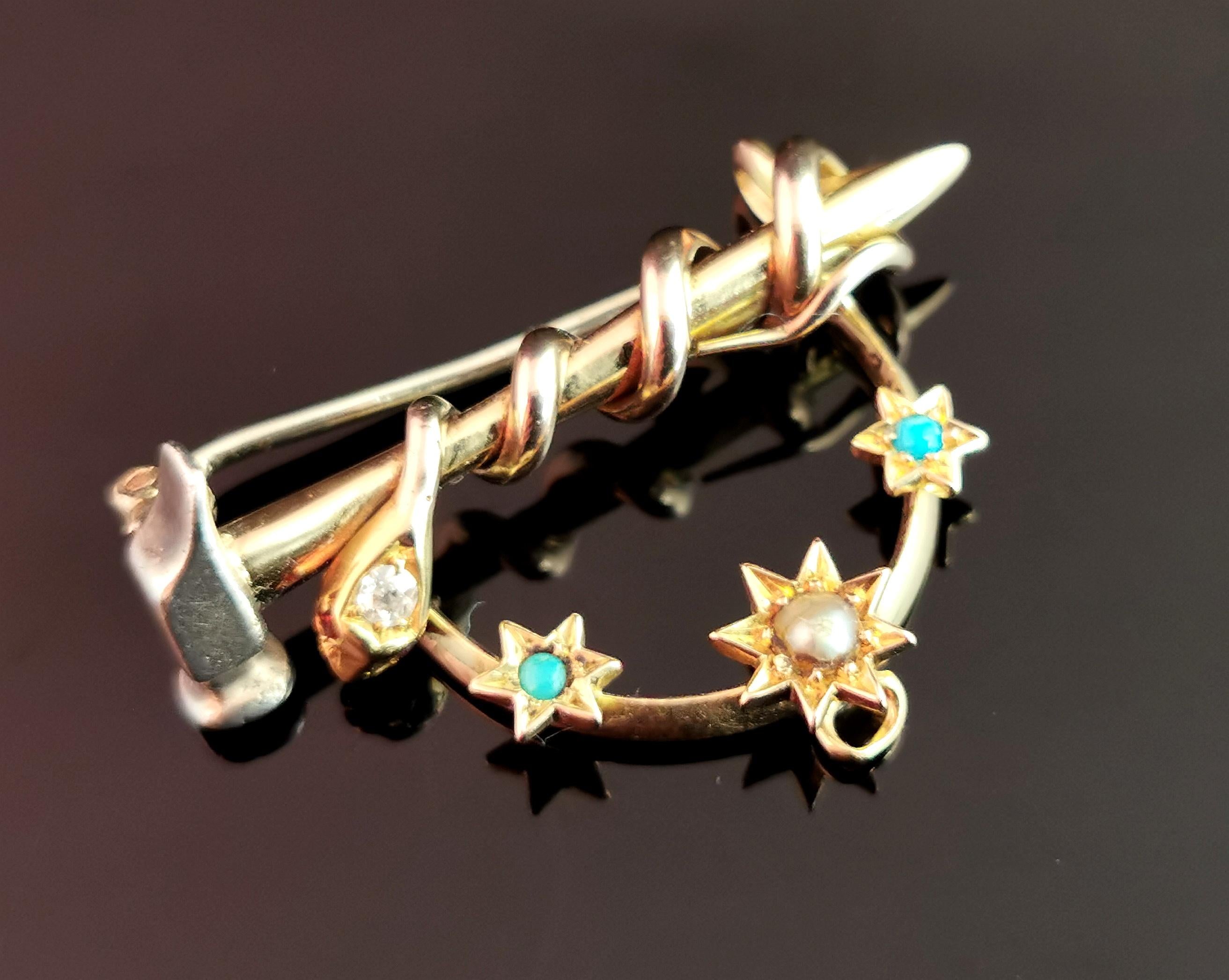 Antique Snake, Hammer and Stars Brooch, 9k Gold and Silver, Diamond, Ruby, Pearl For Sale 7