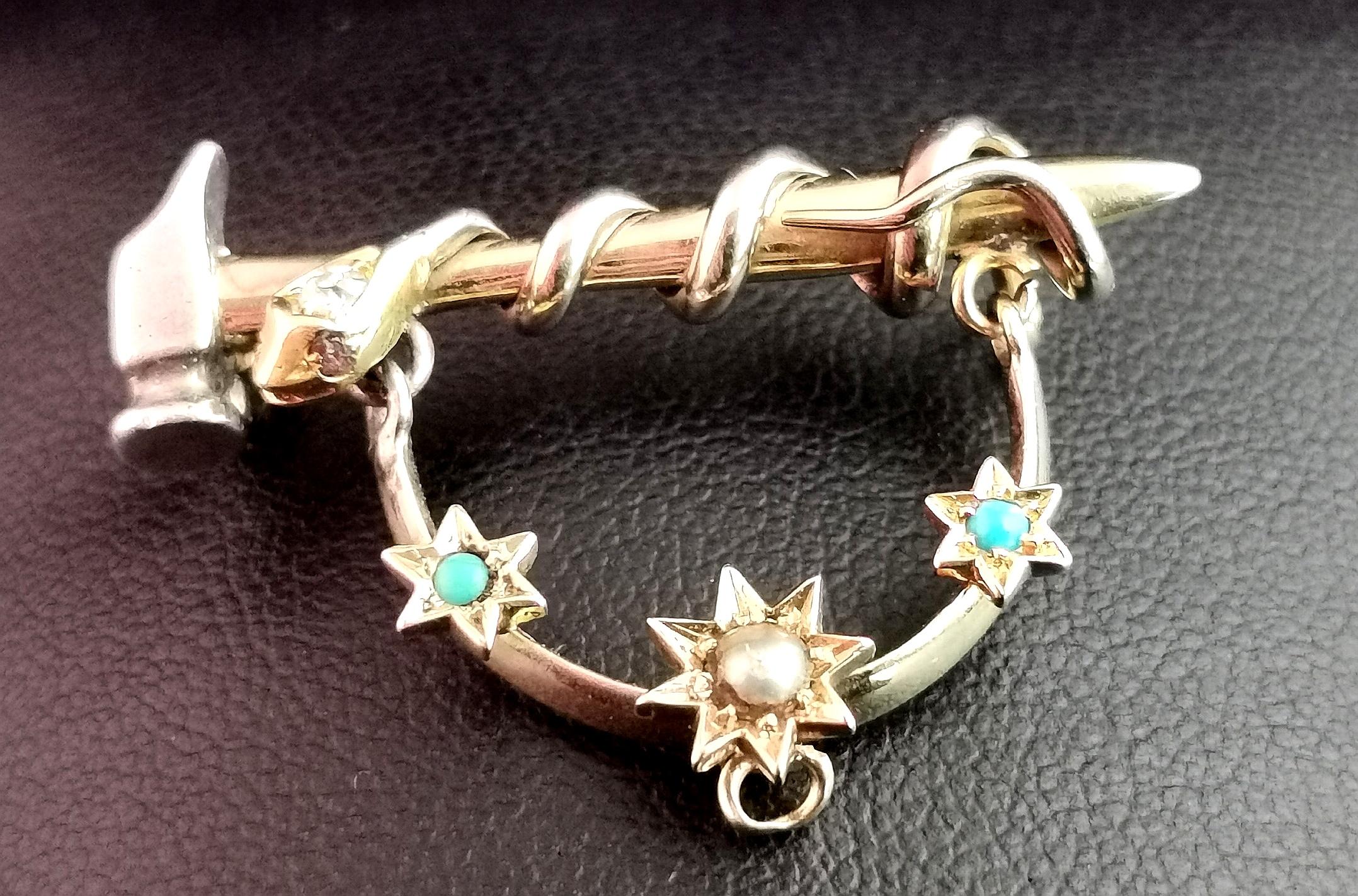 Antiguo broche de serpiente, martillo y estrellas, oro de 9 quilates y plata, diamante, rubí, perla en venta 9
