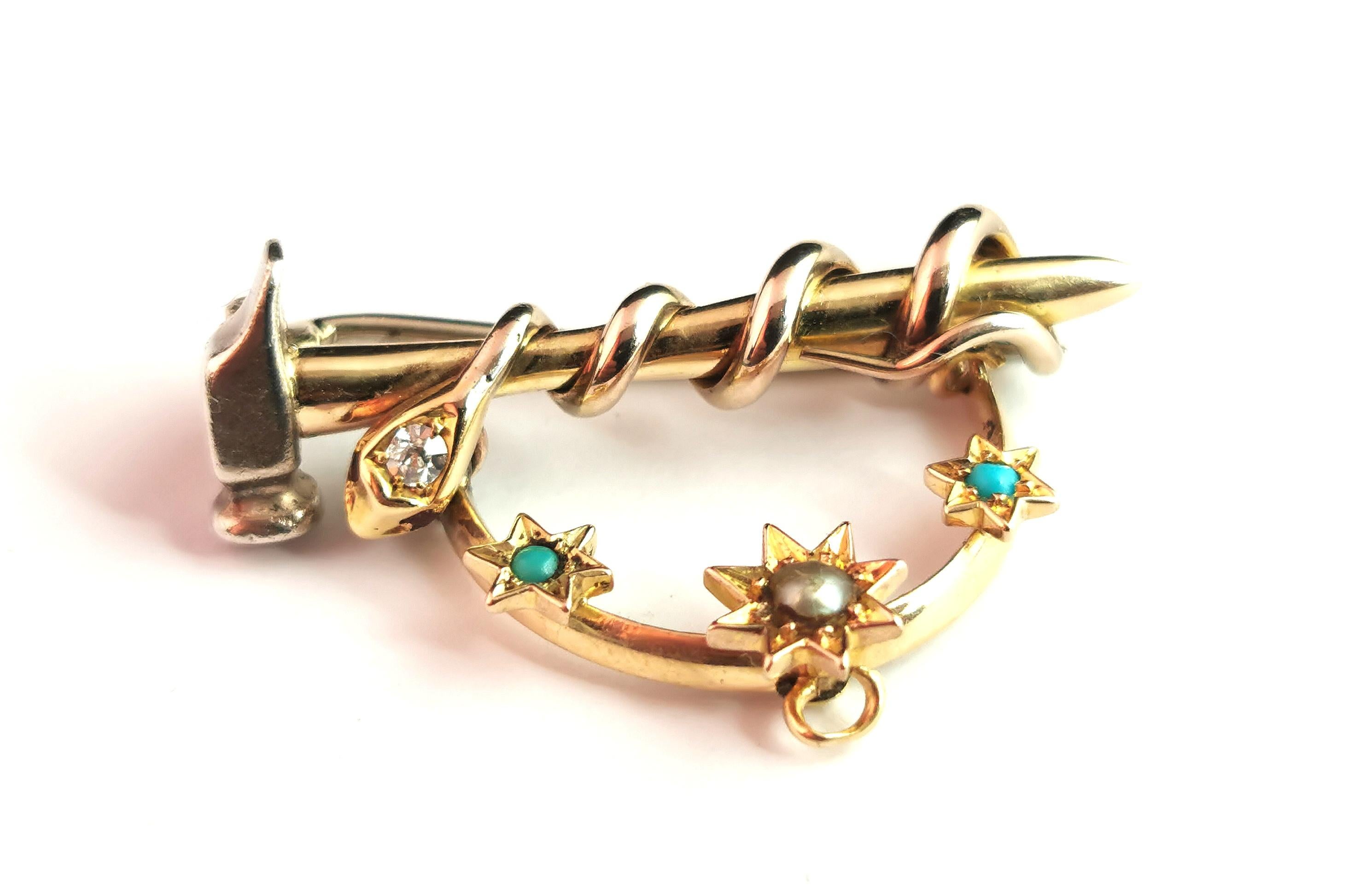 Antiguo broche de serpiente, martillo y estrellas, oro de 9 quilates y plata, diamante, rubí, perla en venta 10