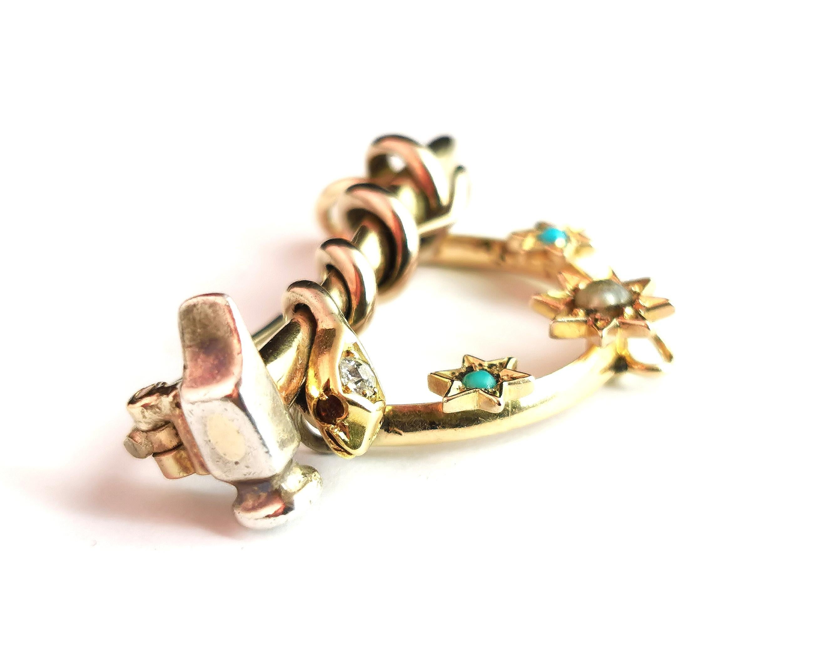 Antiguo broche de serpiente, martillo y estrellas, oro de 9 quilates y plata, diamante, rubí, perla en venta 11