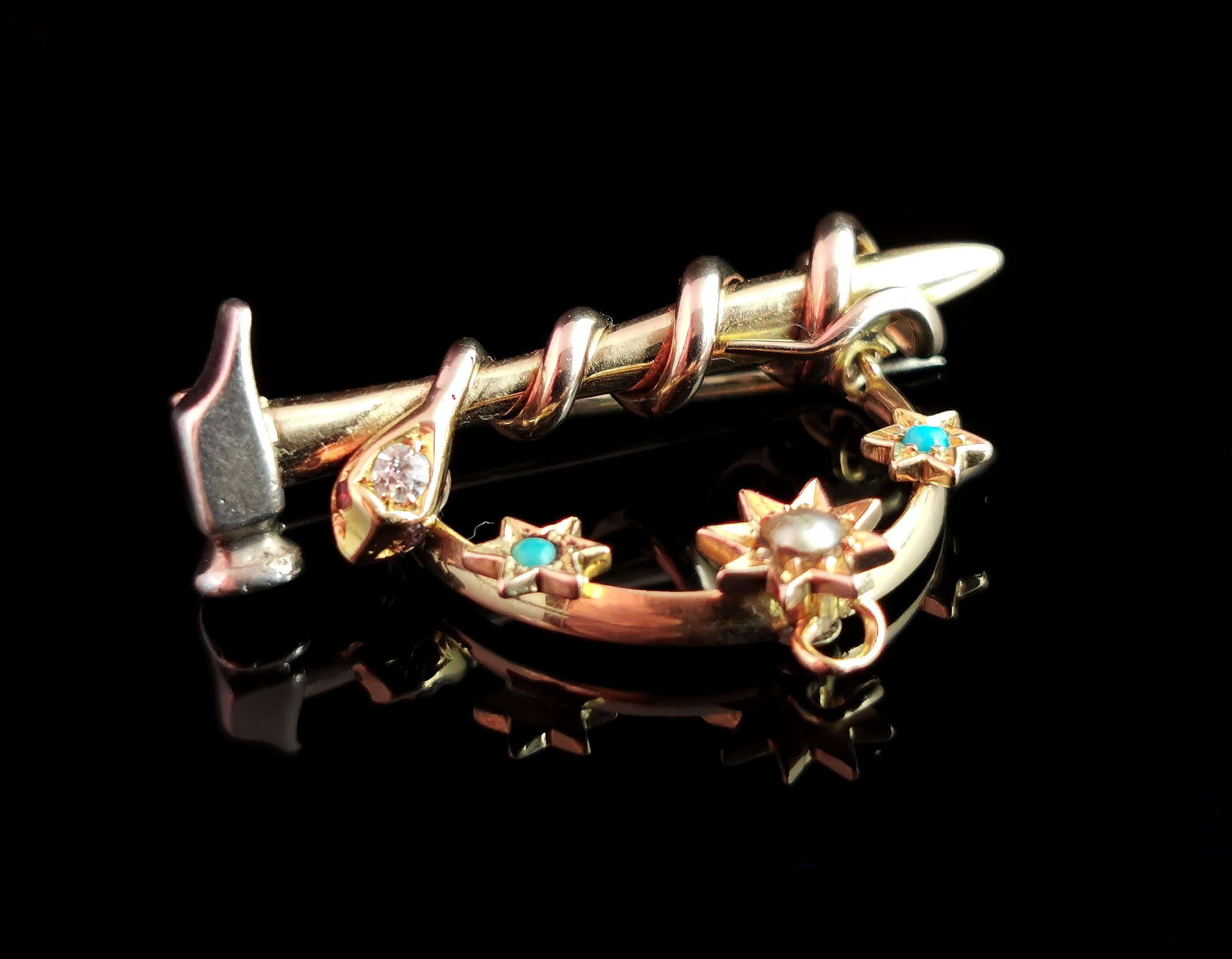 Antike Schlangen-, Hammer- und Sternenbrosche, 9k Gold und Silber, Diamant, Rubin, Perle (Alteuropäischer Brillantschliff) im Angebot