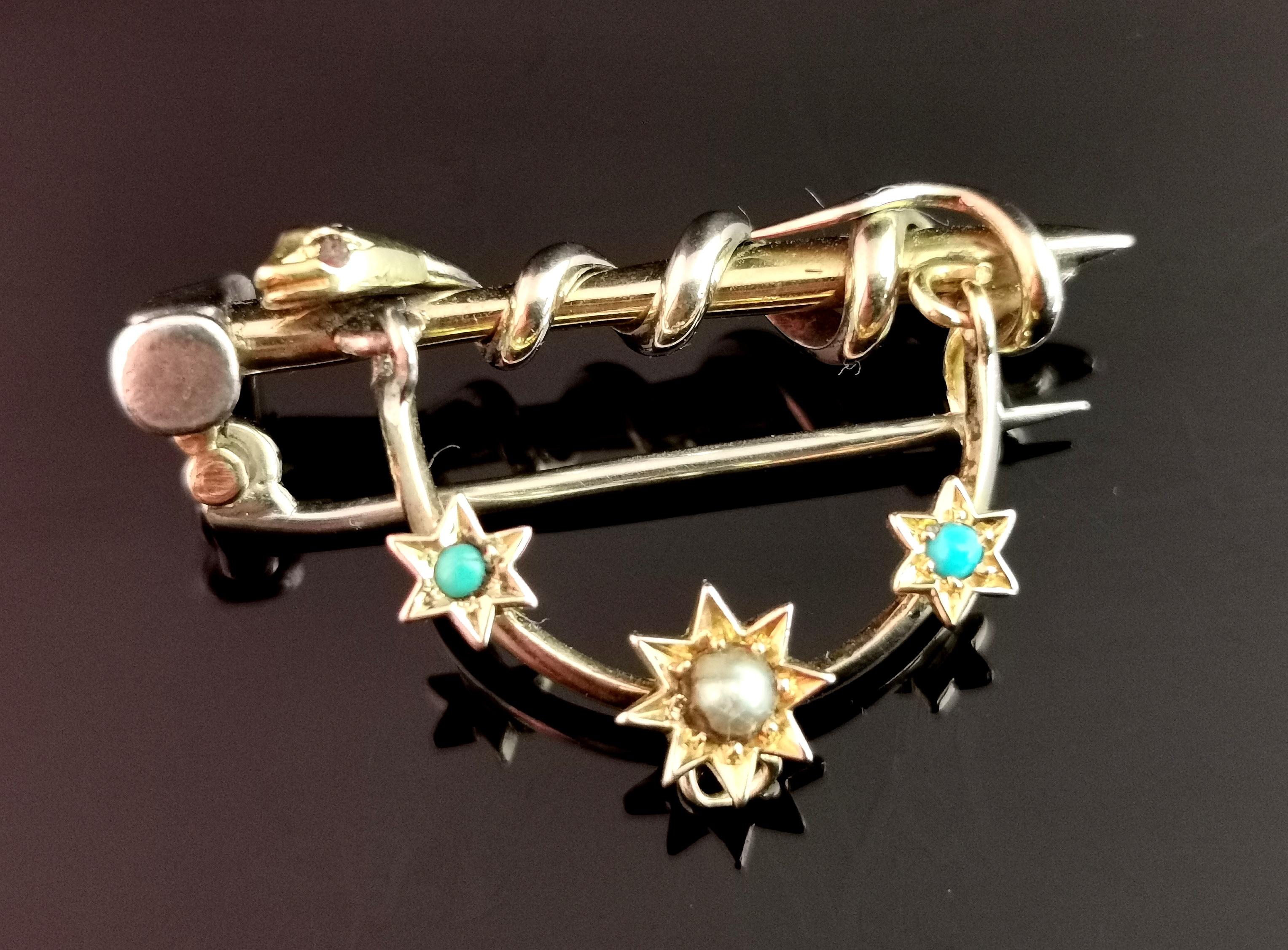 Antiguo broche de serpiente, martillo y estrellas, oro de 9 quilates y plata, diamante, rubí, perla Talla antigua en venta