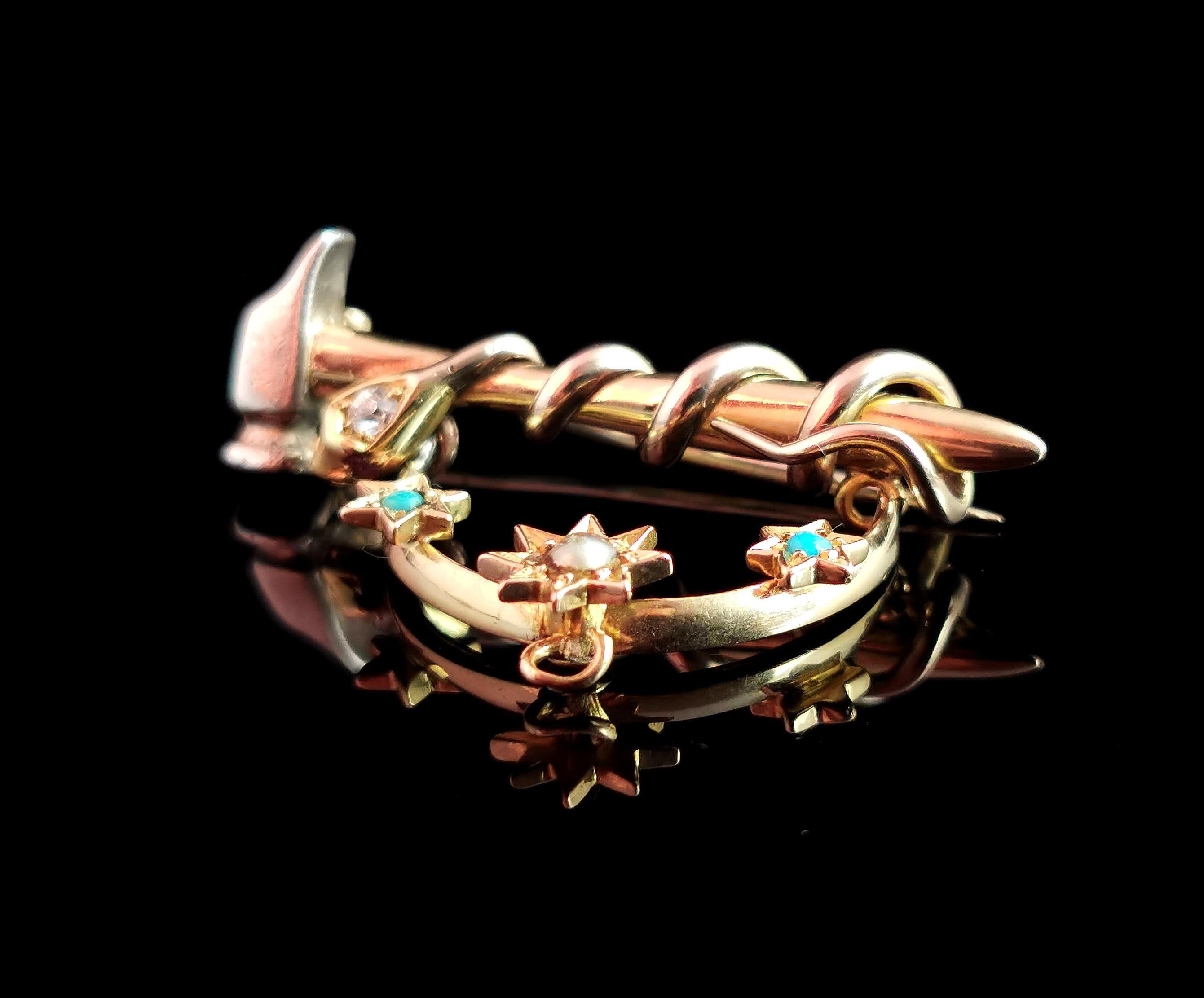 Old Mine Cut Antique Snake, Hammer and Stars Brooch, 9k Gold and Silver, Diamond, Ruby, Pearl For Sale