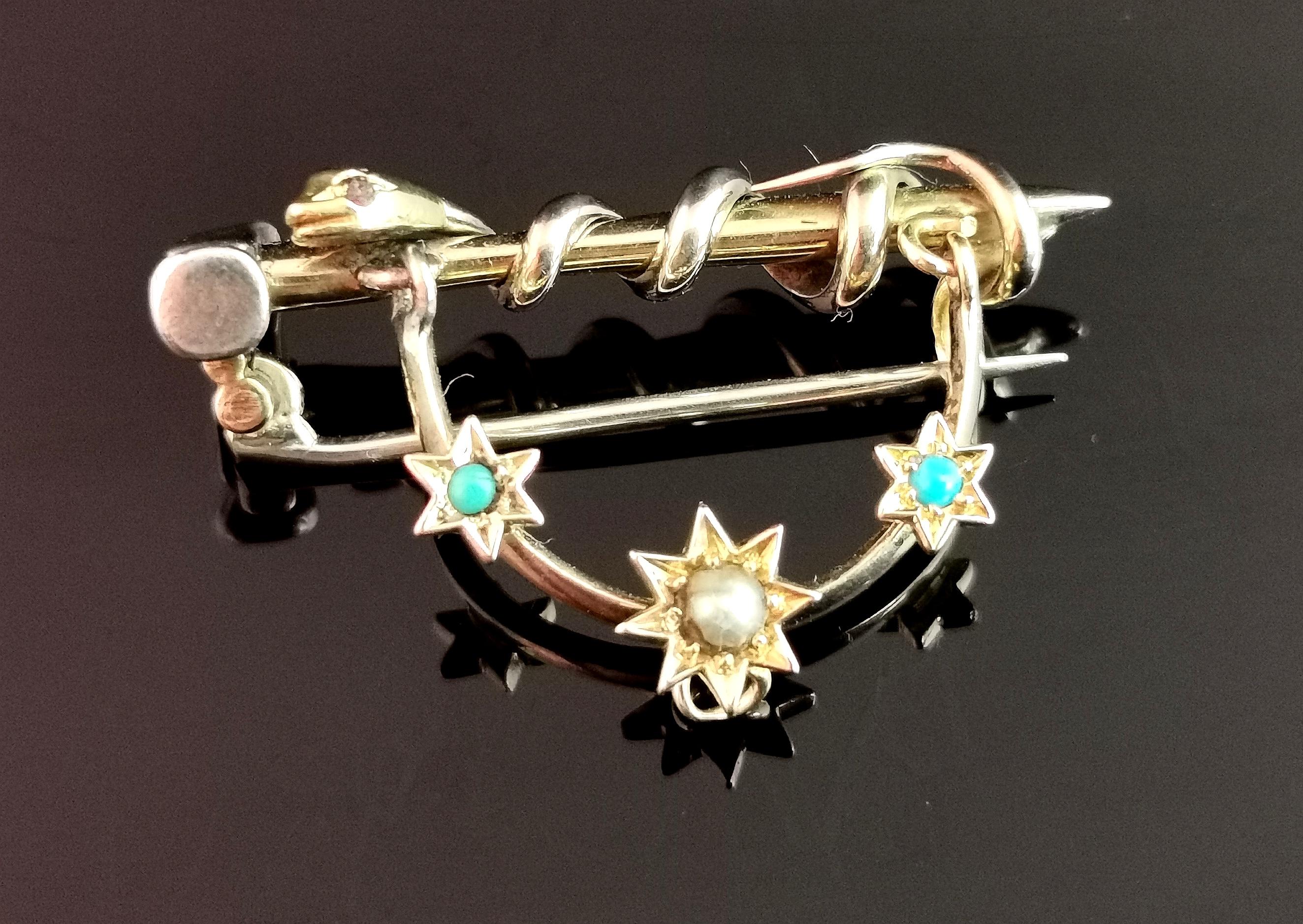 Antiguo broche de serpiente, martillo y estrellas, oro de 9 quilates y plata, diamante, rubí, perla en venta 1