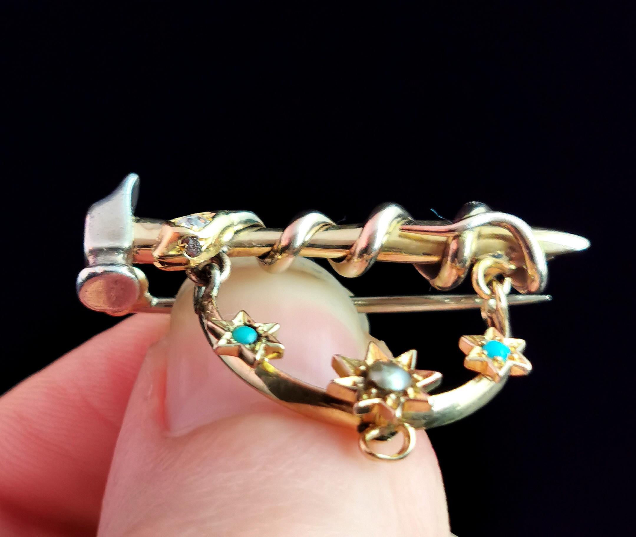 Antique Snake, Hammer and Stars Brooch, 9k Gold and Silver, Diamond, Ruby, Pearl For Sale 1