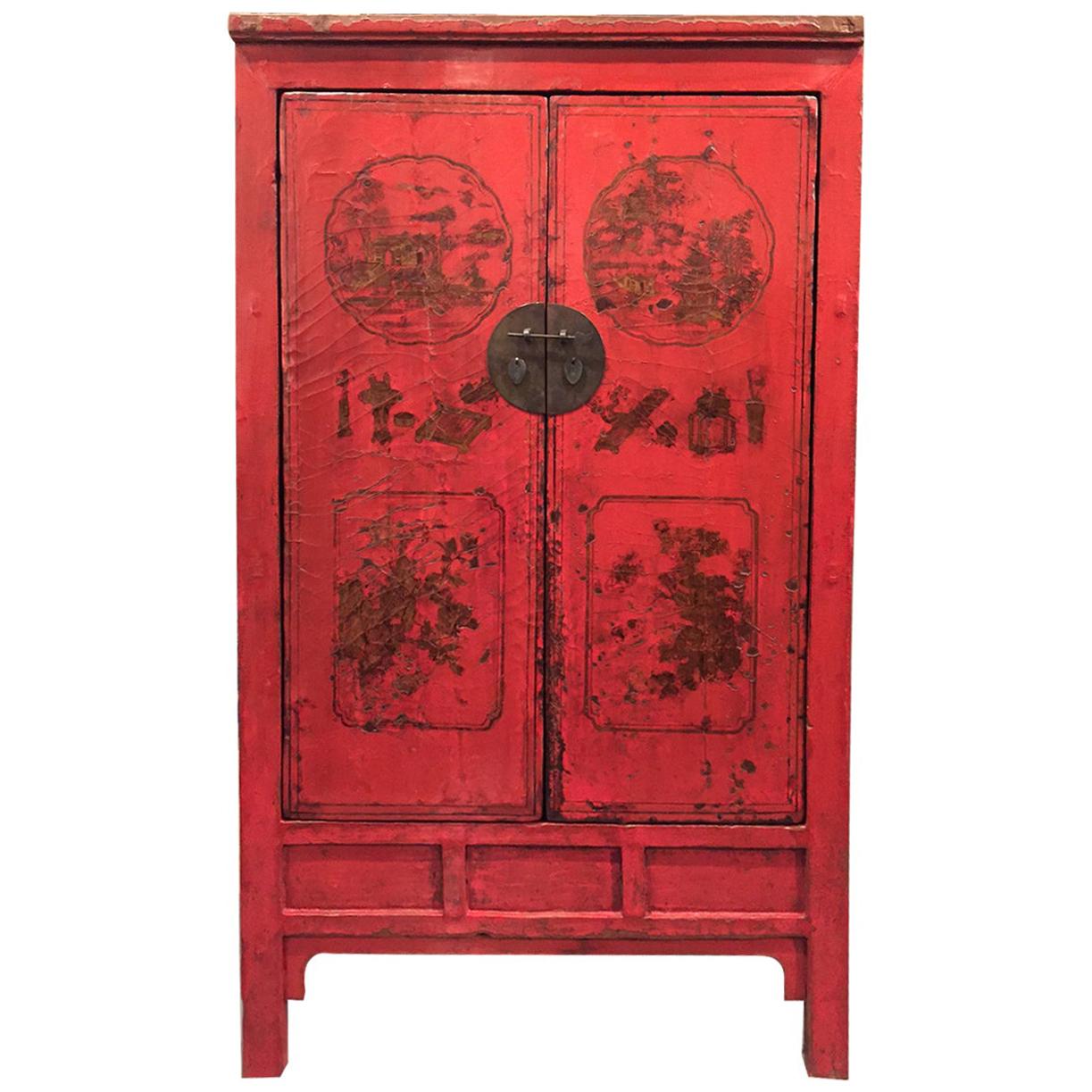 Antique Chinese  Lacquered Cabinet With Highly Detailed Painted Images For Sale