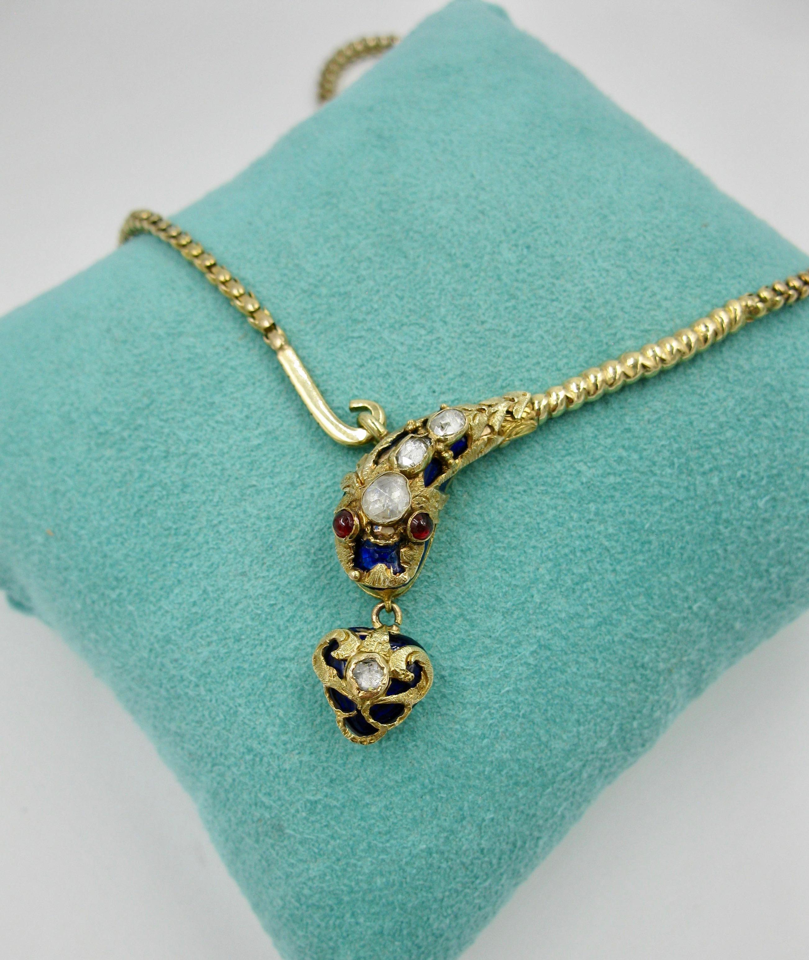 Antique Snake Necklace Rose Cut Diamond 14 Karat Gold Blue Enamel Garnet 1840 For Sale 2