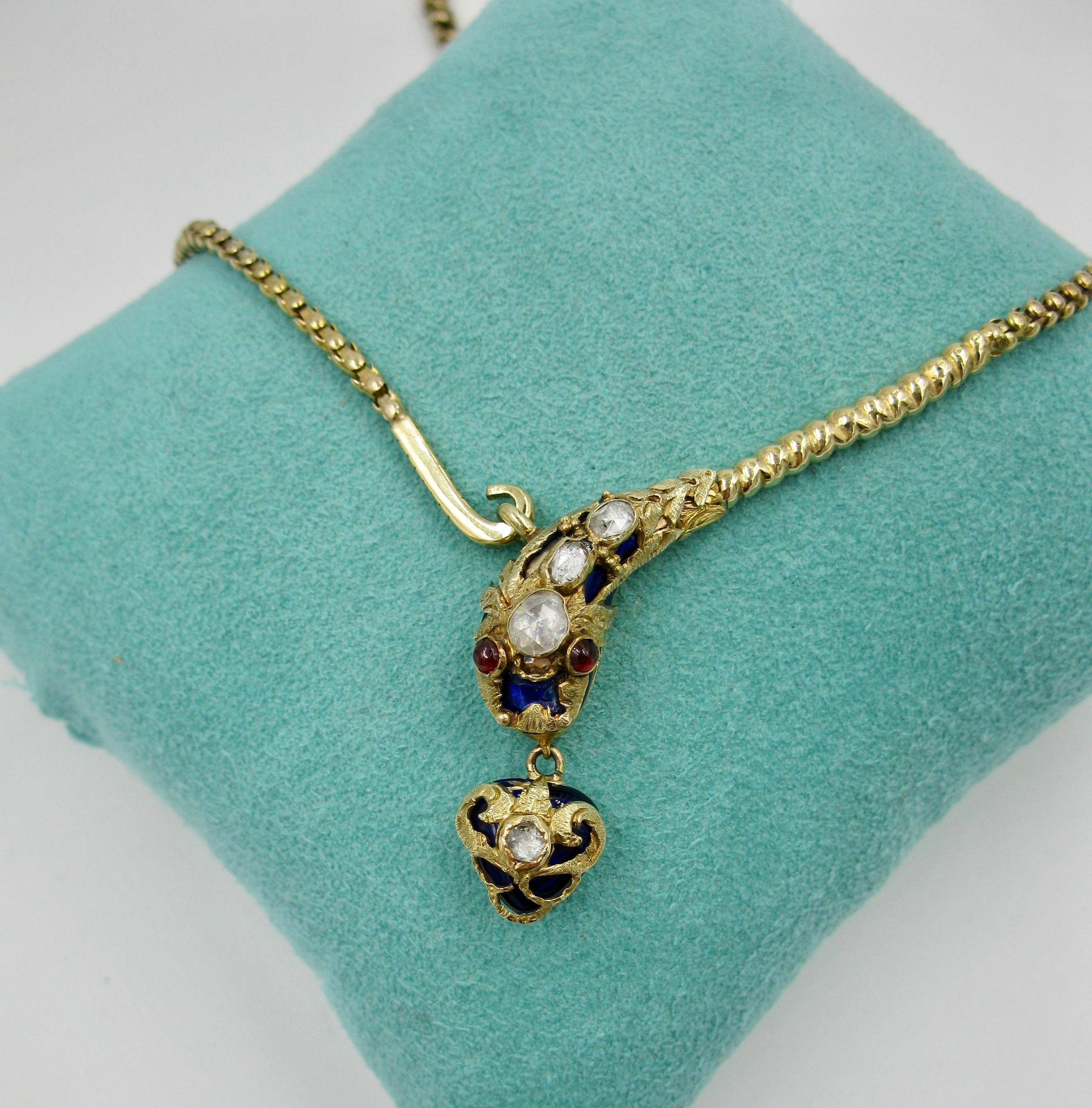 Antique Snake Necklace Rose Cut Diamond 14 Karat Gold Blue Enamel Garnet 1840 For Sale 3
