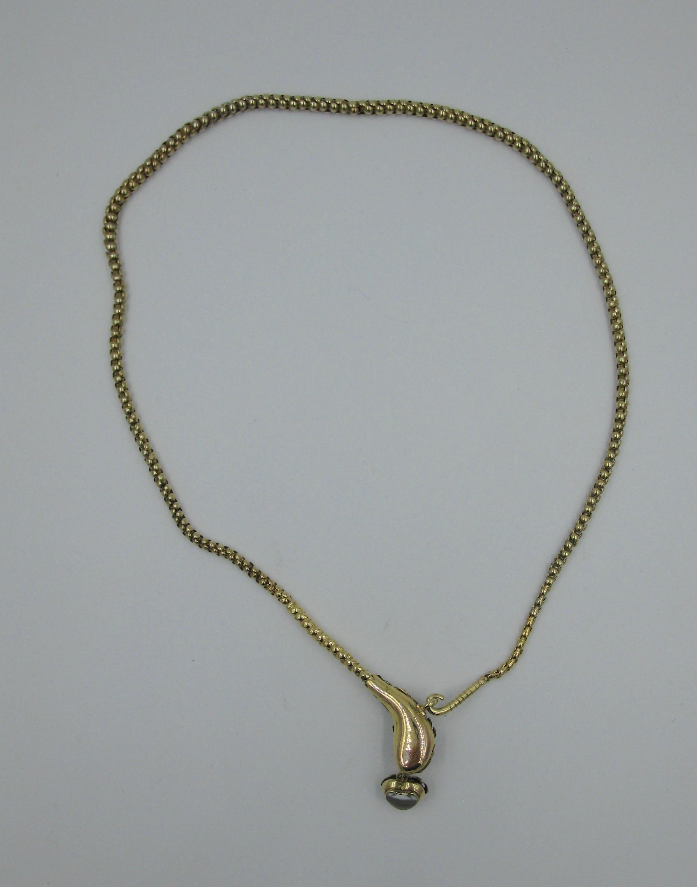 Antique Snake Necklace Rose Cut Diamond 14 Karat Gold Blue Enamel Garnet 1840 For Sale 4