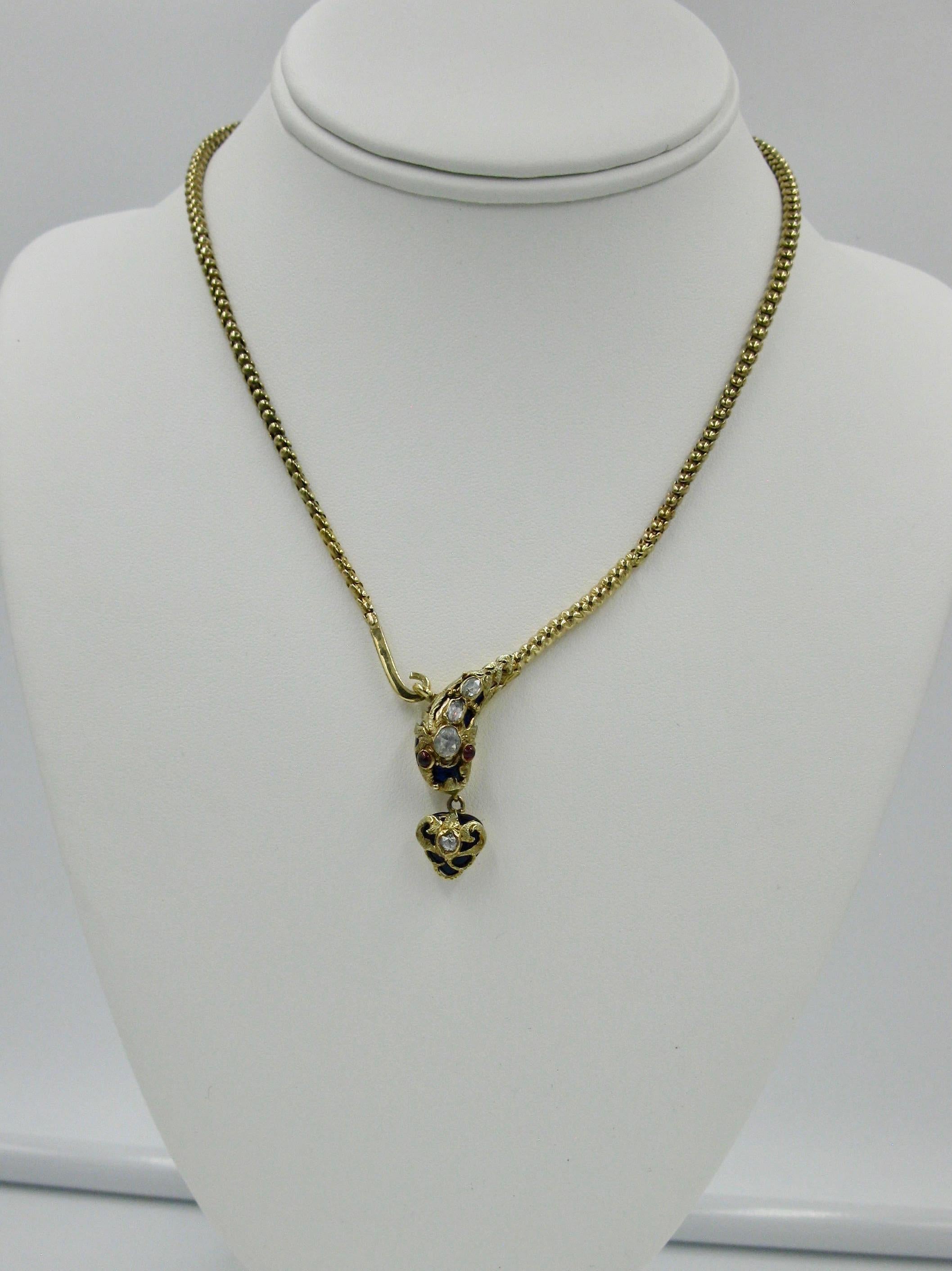 Victorian Antique Snake Necklace Rose Cut Diamond 14 Karat Gold Blue Enamel Garnet 1840 For Sale