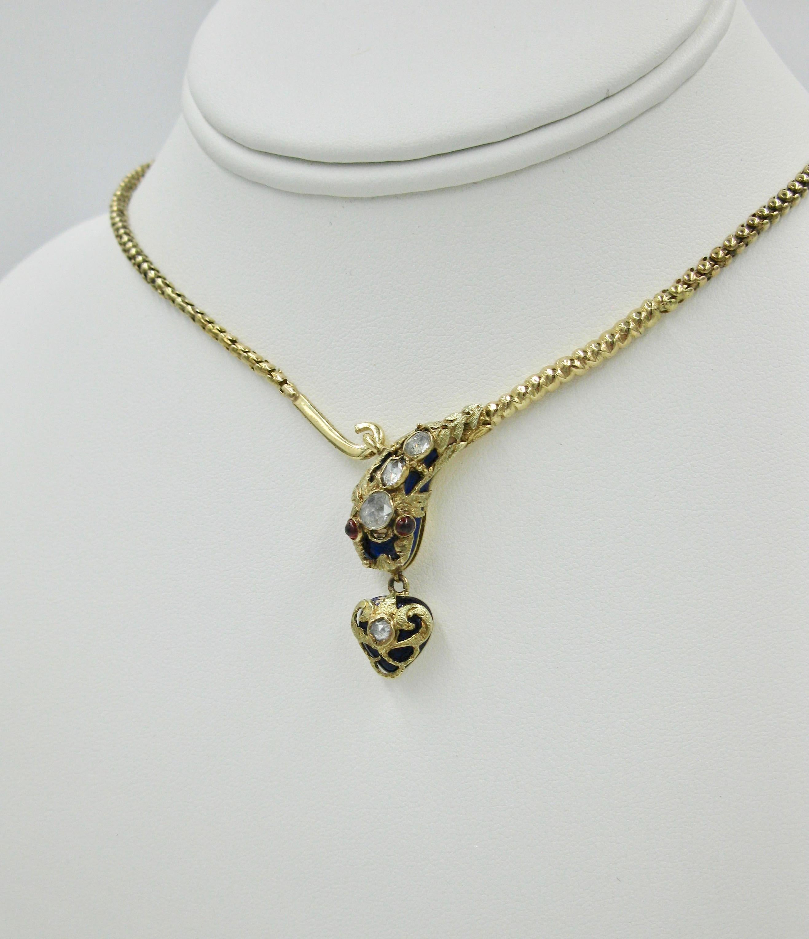 Antique Snake Necklace Rose Cut Diamond 14 Karat Gold Blue Enamel Garnet 1840 In Good Condition For Sale In New York, NY
