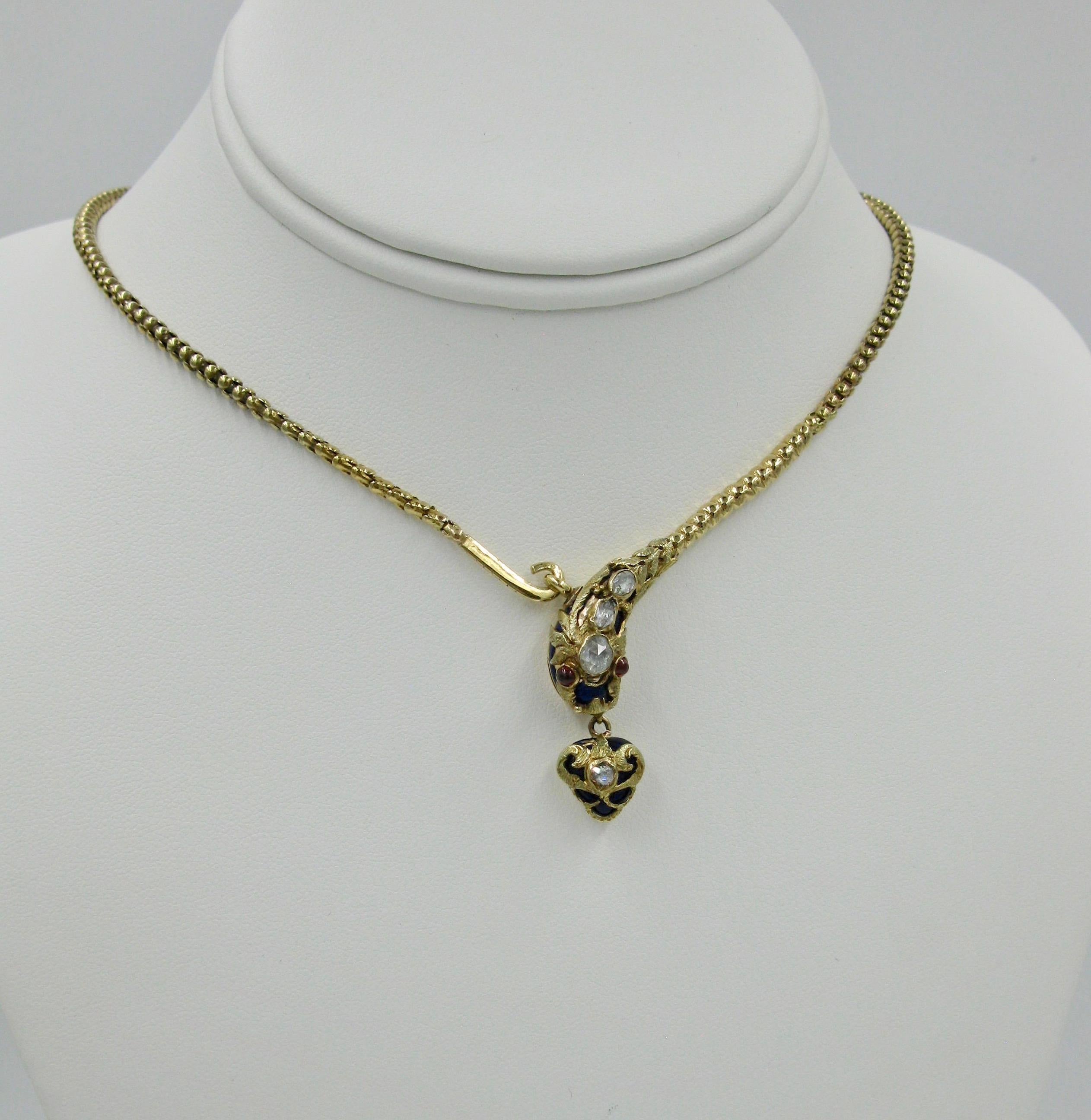 Women's Antique Snake Necklace Rose Cut Diamond 14 Karat Gold Blue Enamel Garnet 1840 For Sale